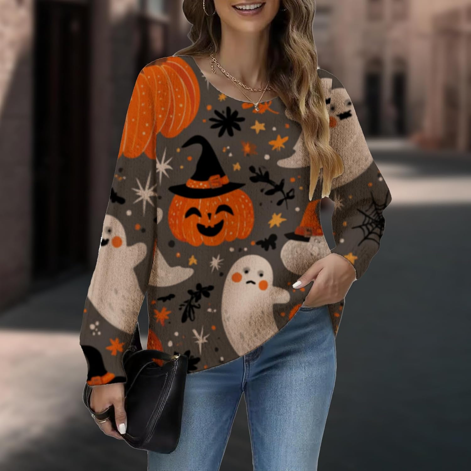 Halloween Sweaters for Women Chunky Fleece Sweater Women Long Sleeve Tops Crochet Knit Pullover Fashion Outfits - Image 2