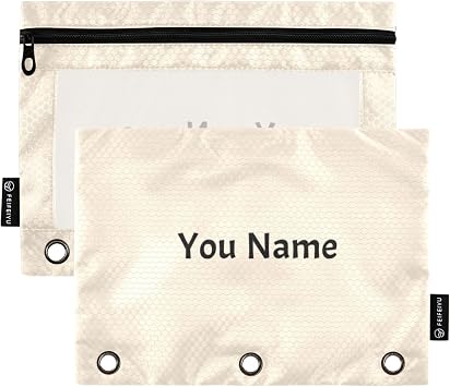 Personalized Binder Pouches,Custom Name Antique White Pencil Pouch for 3 Ring Binder 2 Pack Clear Pencil Bag with Zipper for Office Supplies