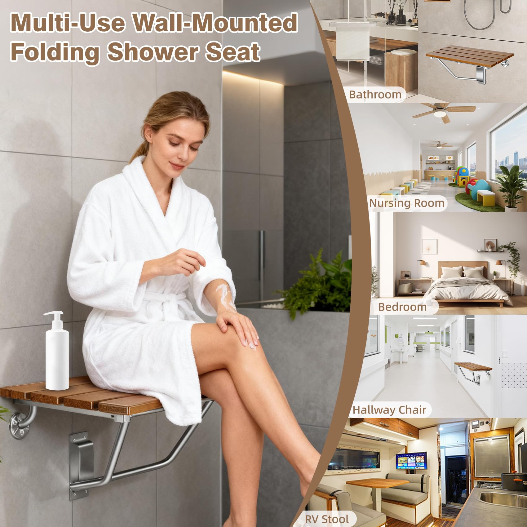Asiento de ducha plegable de 20 pulgadas montado en la pared, banco de ducha plegable con soporte de acero inoxidable, capacidad de carga de 500 libras, silla de ducha plegable de teca para ancianos
