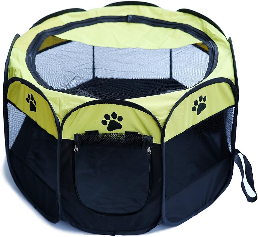 Portable Folding Pet Tent Playpen Dog Cat Exercise Fence Kennel Cage Crate (S, yellow)