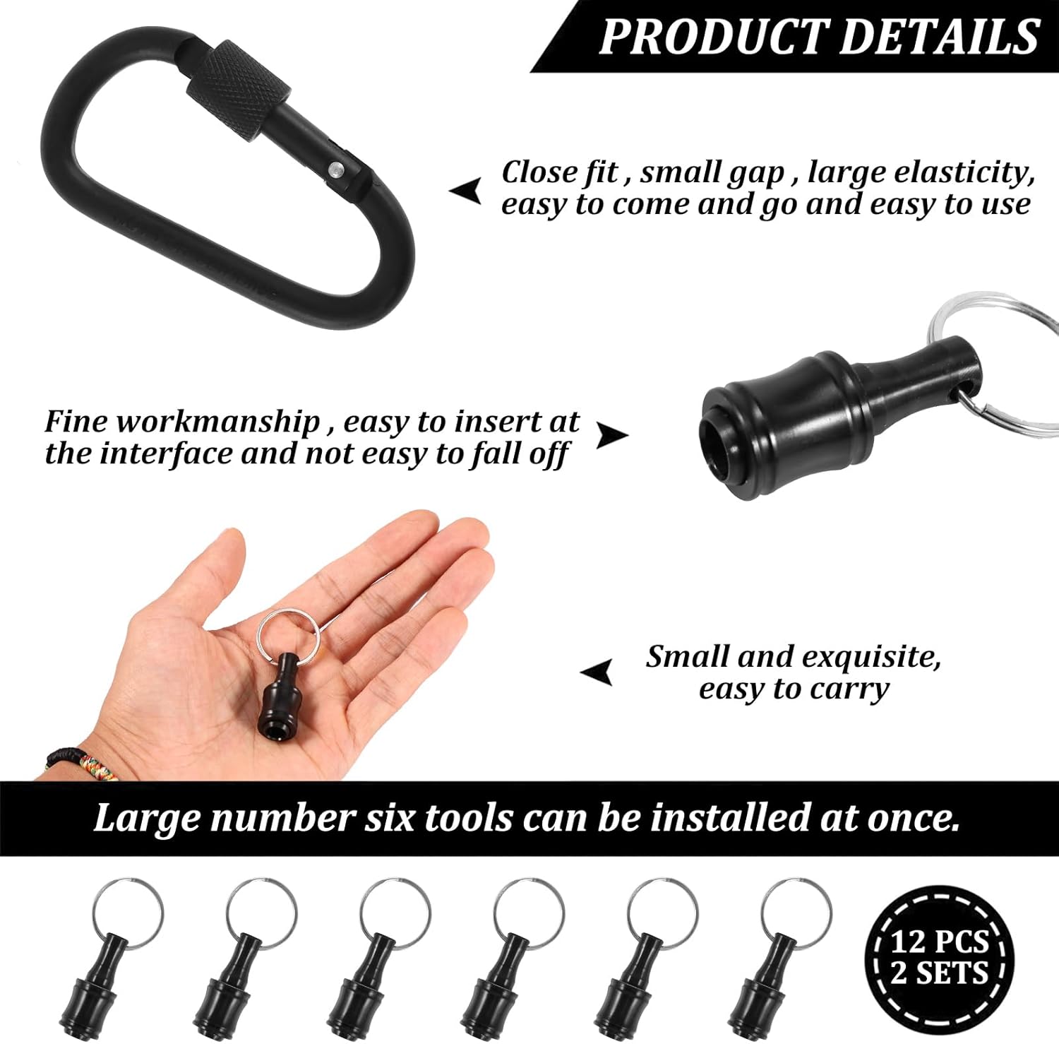 12Pcs Carabiner Bit Holder Keychain 1/4 inch Hex Shank Aluminum Alloy Screwdriver Bits Holder Lightweight Drill Bit Holder Key Chain Quick Release Extension Bar Screw Adapter Gifts for Men(12Pcs)