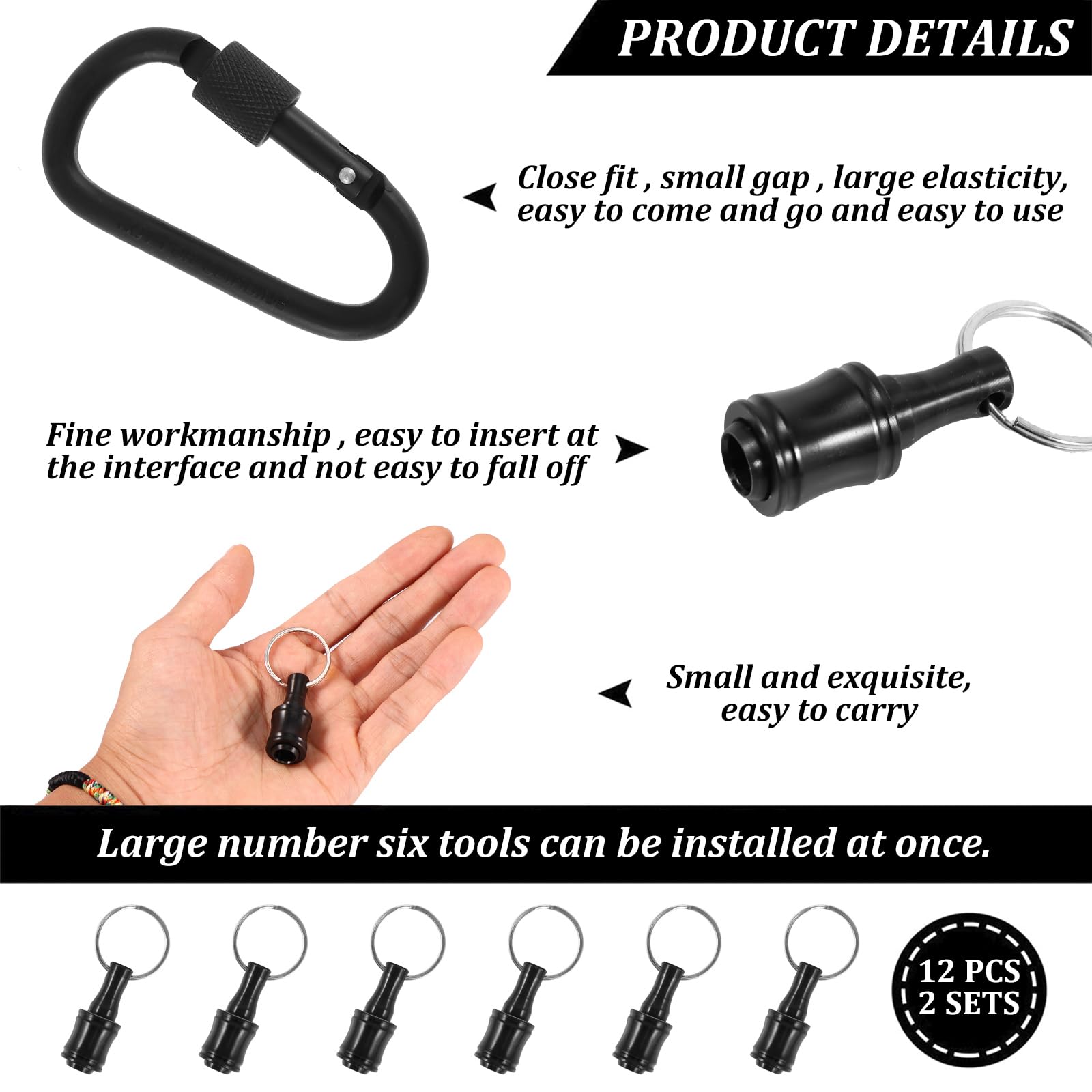 12 soportes de puntas de destornillador de eje hexagonal de 1/4 pulgadas, barra de extensión portátil, llavero, adaptador de tornillo, soporte de broca de aleación de aluminio con 2 mosquetones para