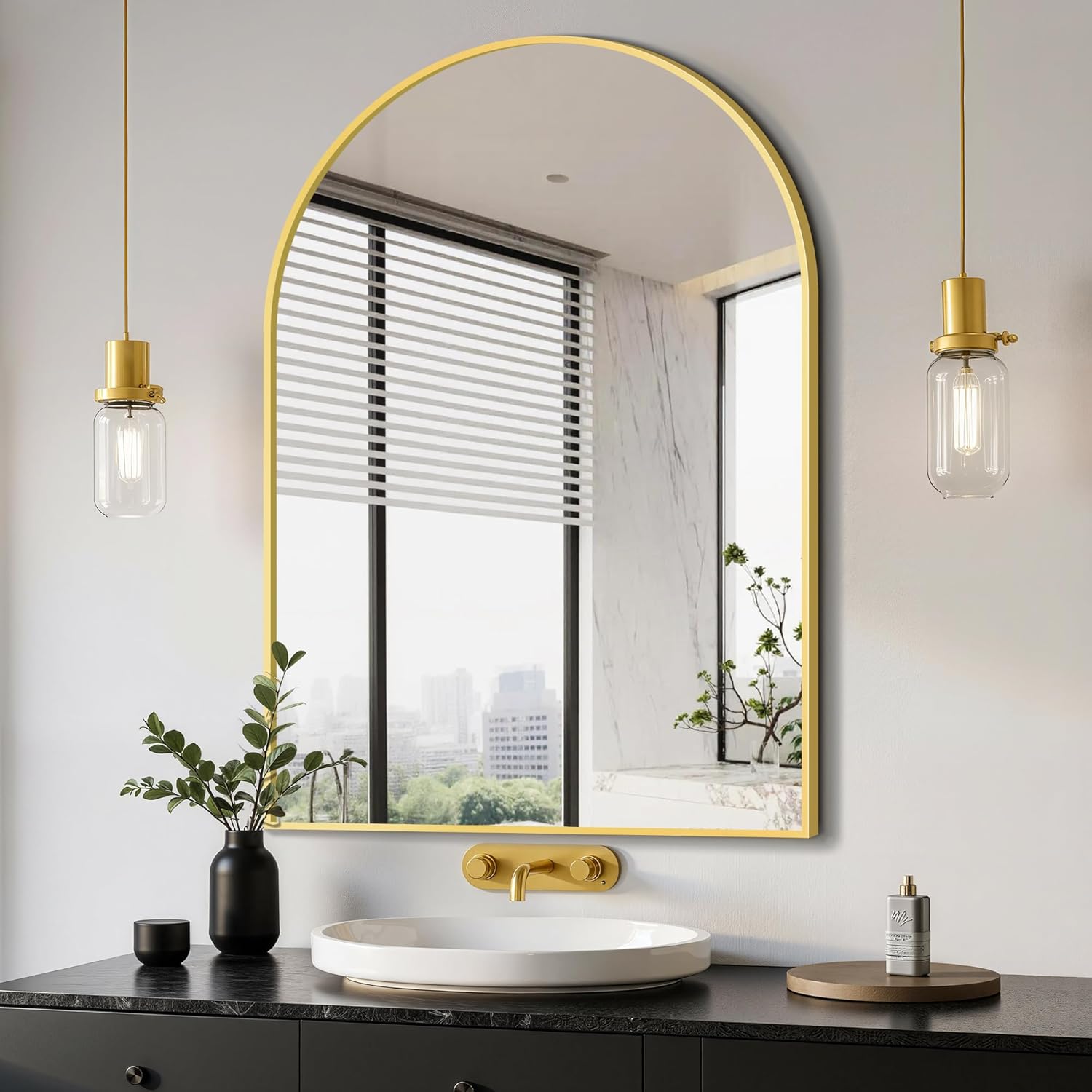 Delma Arched Bathroom Mirror, 28"x40" Wall Mounted Vanity Mirror for Bedroom, Living Room and Entryway, Gold Gold 40"L x 28"W