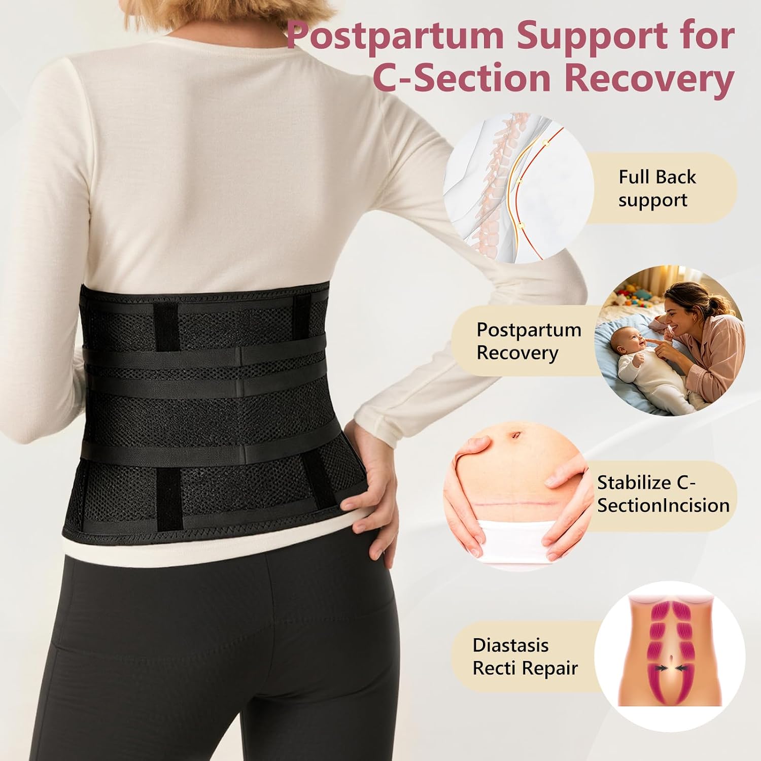 Postpartum Belly Band Wrap, Abdominal Binder for C Section Recovery, Double Hook & Loop Support Belt, Post Surgery Belly Wrap