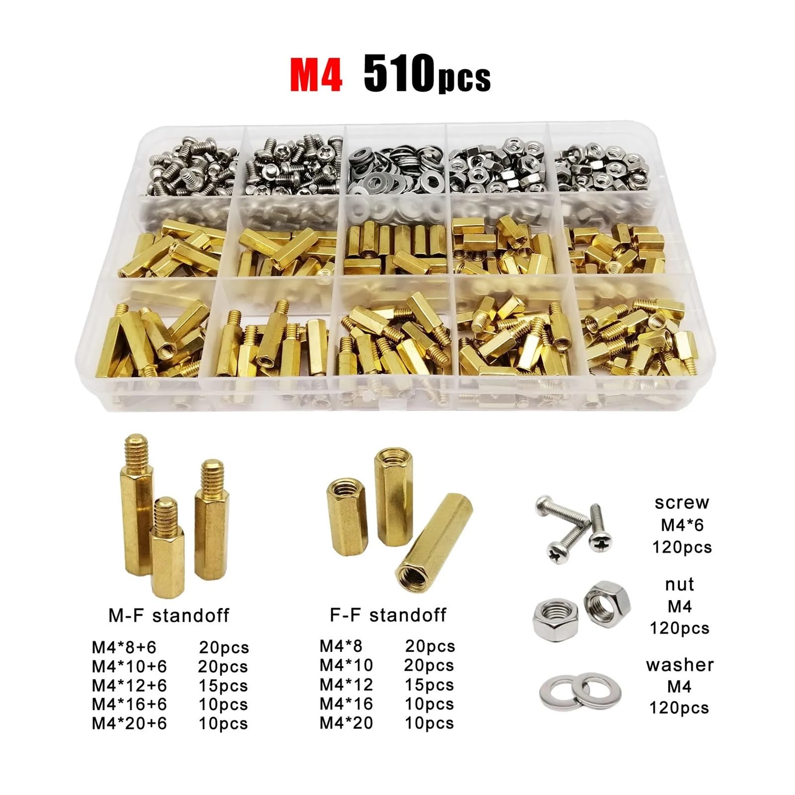 510/680/1700pc M2 M2.5 M3 M4 z litego mosiądzu miedź płytka drukowana sześciokątny sześciokątny dystans filar dystansowy kolumna nakrętka śrubowa zestaw asortymentowy (Color : M4 510pcs)