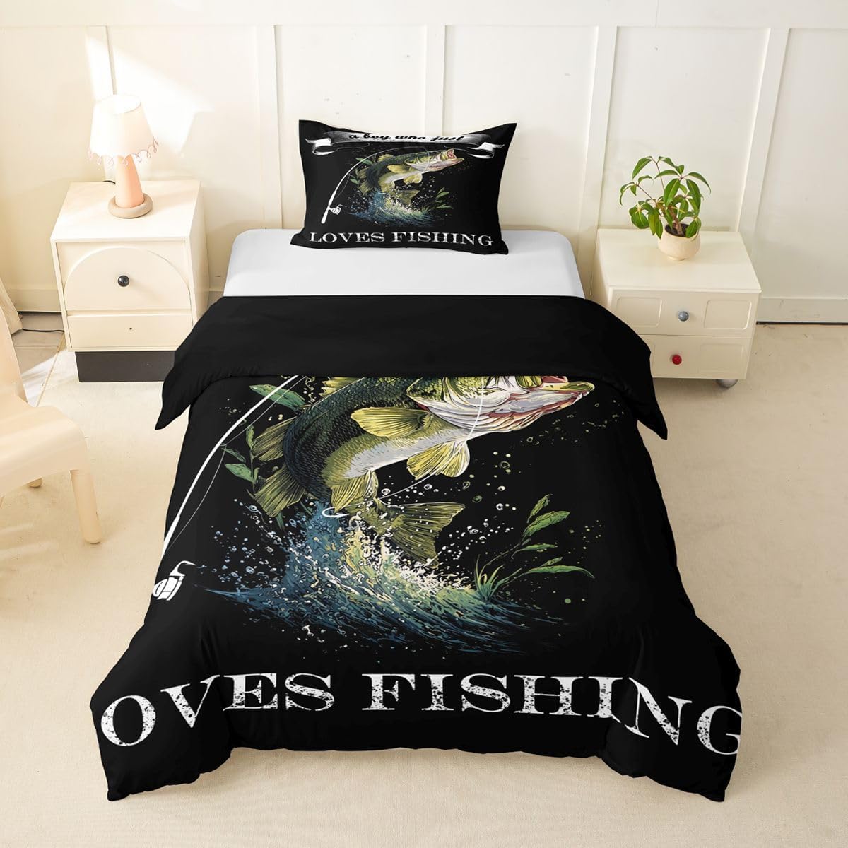 Erosebridal Fishing Duvet Cover Twin Men Bass Fish Bedding Set for Boys Men Fisherman Hunting and Fishing Comforter Cover Pike Fish Rustic Cabin Farmhouse Bed Set, 1 Pillowcase