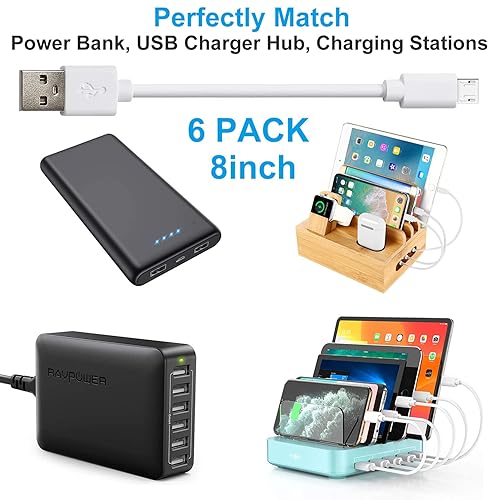 Miniatura 6 de Cable micro USB corto (paquete de 6 unidades de 8 pulgadas, blanco), cable de carga para teléfono Android, cables de carga y sincronización de datos