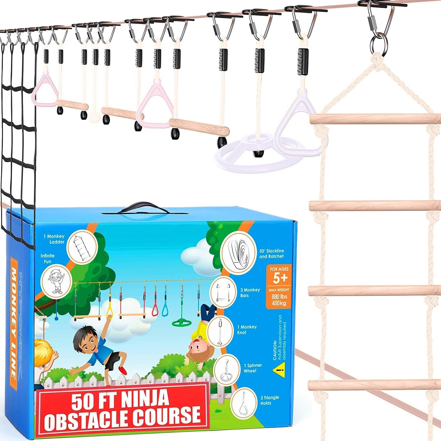 Ninja Warrior Obstacle Course for Kids - 2 x 50 ft Slacklines & 10 Obstacles