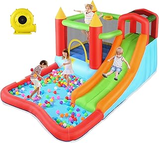 AKEYDIY Inflatable Bounce House for Kids, Fun Jumping Area with Basketball Hoop, Large Pool, Long Slide with Climbing Wall Bouncy House with Air Blower Idea for Kids (Castle)