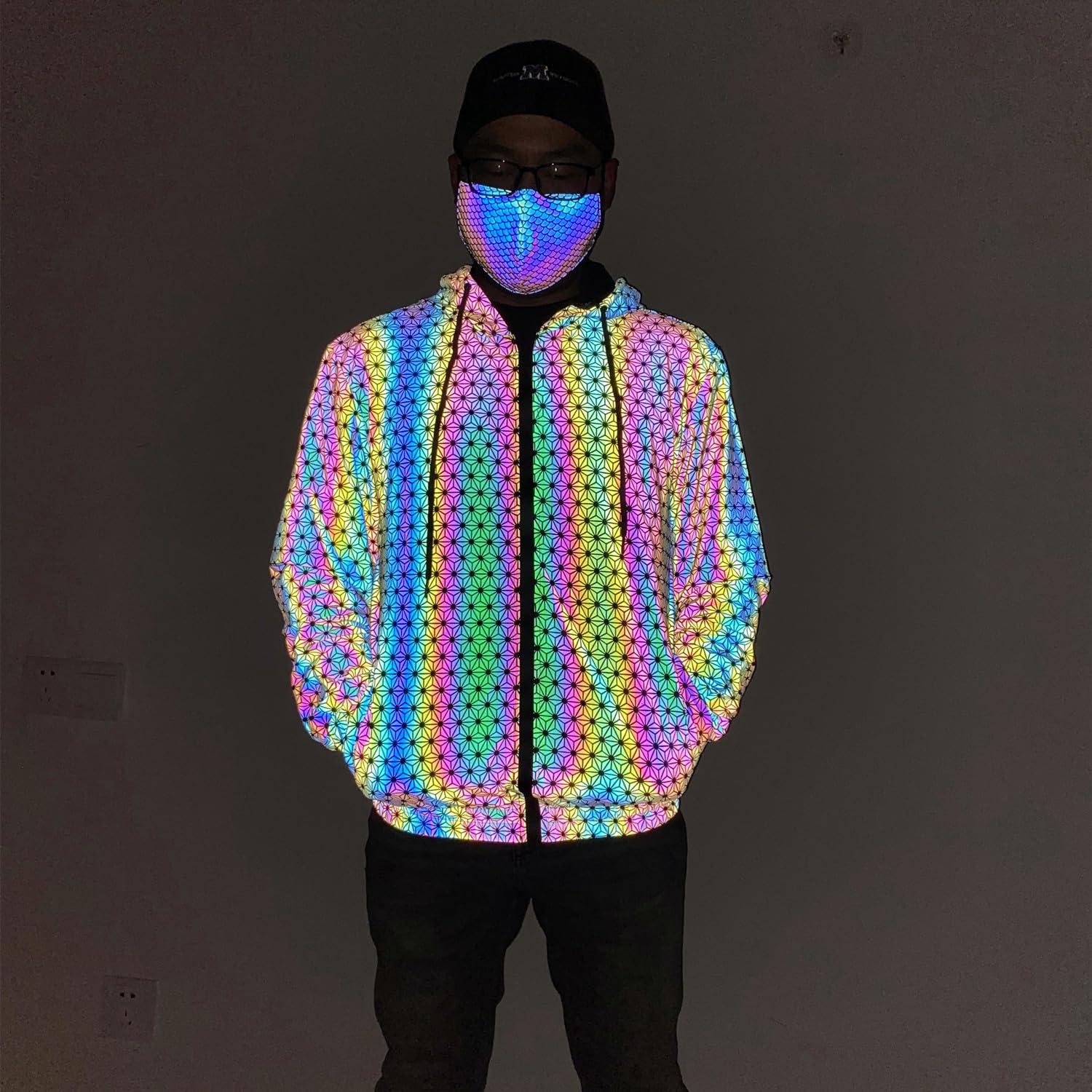 Męska kurtka odblaskowa z kapturem, hip hop, na imprezę, do tańca, na zewnątrz, wiatroszczelna, oddychająca, do biegania, jazdy na rowerze, nocą, świecący płaszcz M