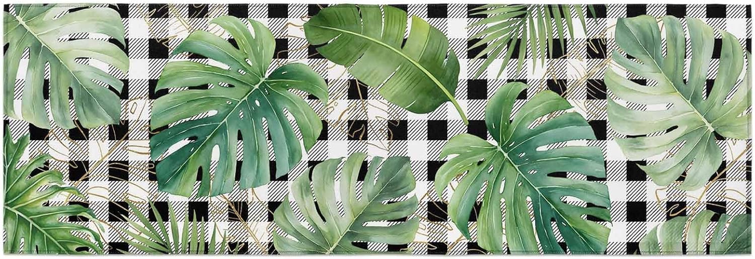 Kitchen Mats for Floor Farm Tropical Plant on Buffalo Washable Non Slip Kitchen Rugs 1PCS, Monstera Leaf Black White Plaid Absorbent Standing Mats for Sink Bathroom Office Living Room 23.6x70.9in