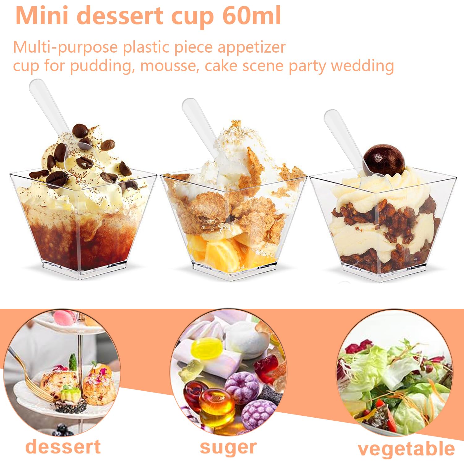 Lot De 50 Verres à Dessert Carrés + 50 Cuillères - 60 Ml, Transparents, Parfait Pour Mousse, Crème Glacée, Pudding, Fêtes