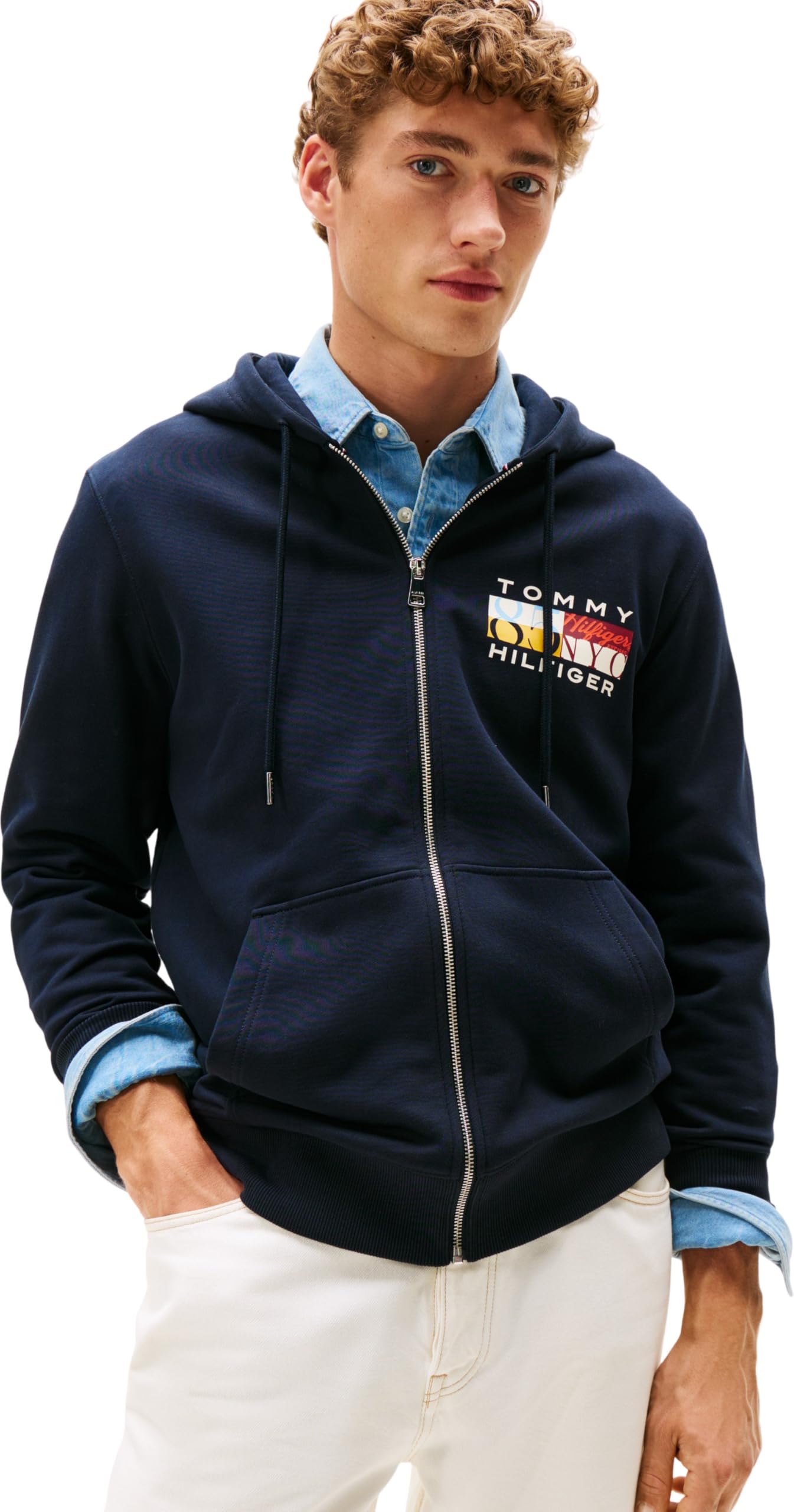 Tommy Hilfiger Men’s Colour Flag Zip Through Hoodie with Logo, Blue (Desert Sky), XXL