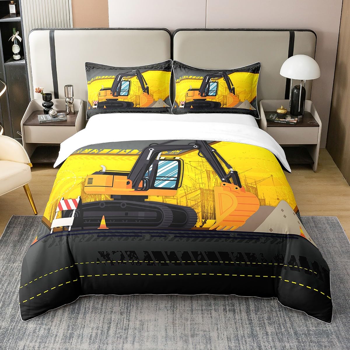 Housse de couette excavatrice anti-transpiration en pur coton pour literie enfant thème chantier