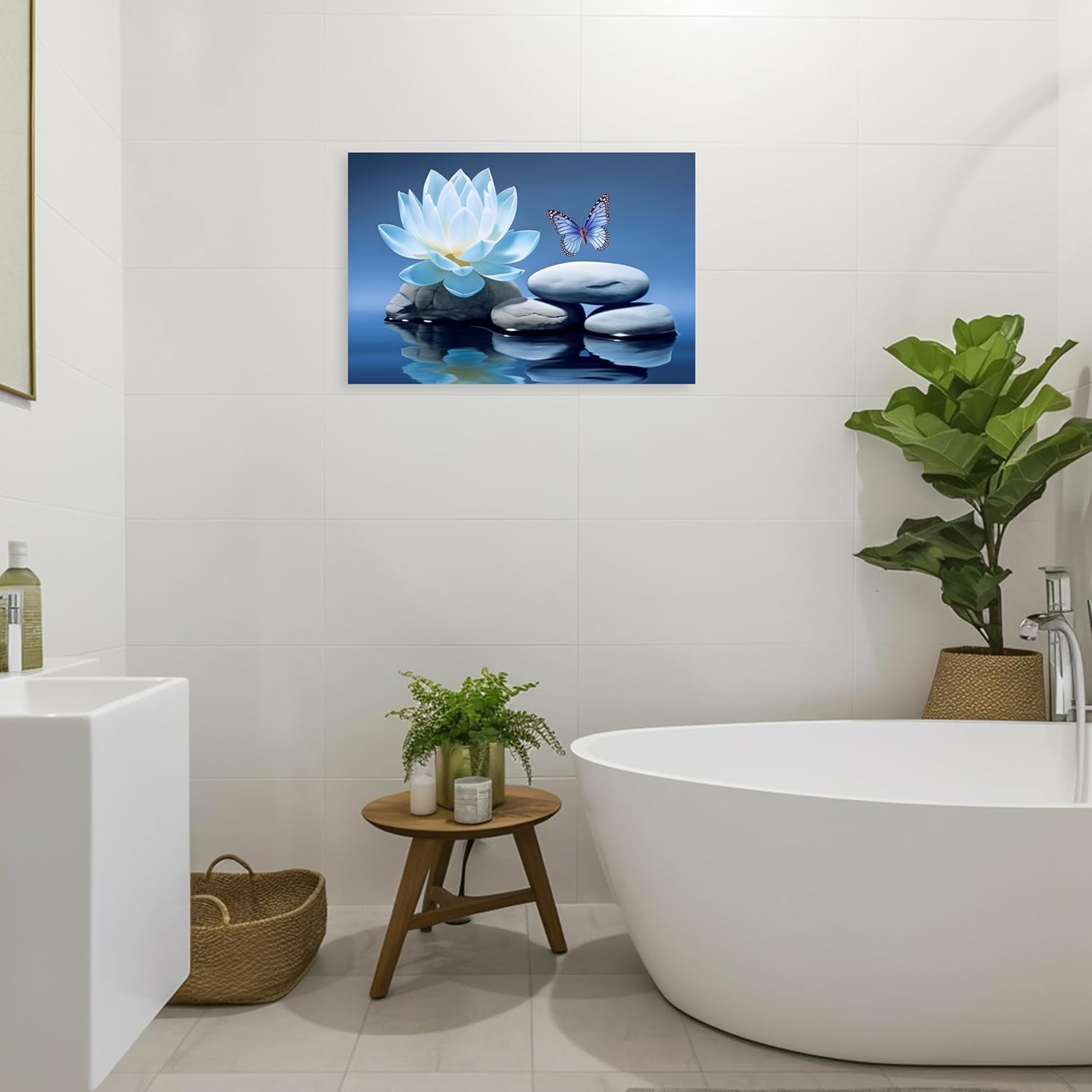 ARTZGX Blue Zen Wall Art Lotus Flower Canvas Spa Stone Pictures for Bathroom Wall Decor Meditation Butterfly Painting Frame(Zen - A 16.00" x 24.00")