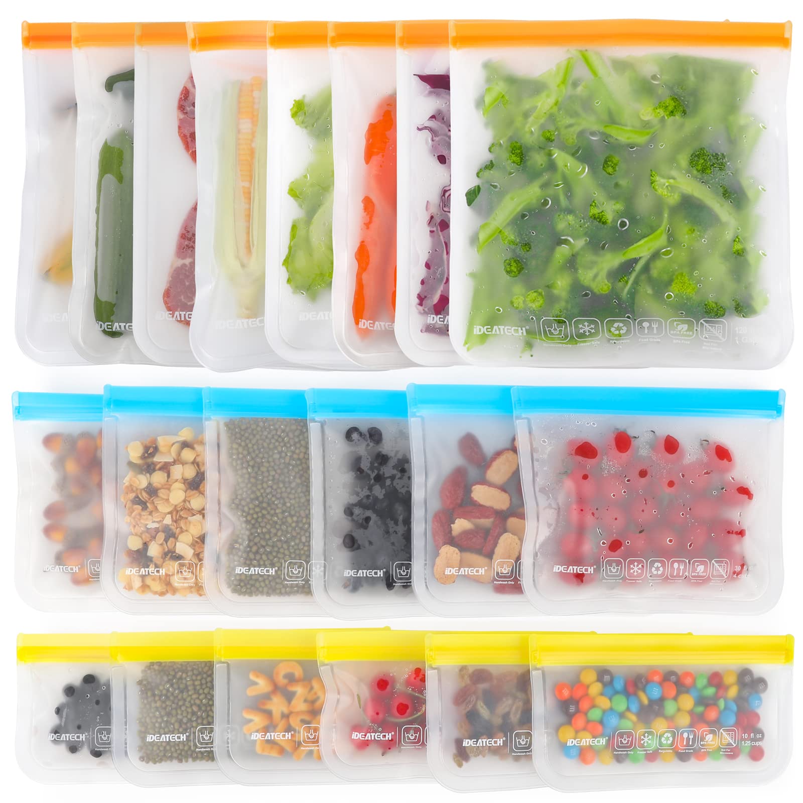 IDEATECH Confezione da 20 sacchetti riutilizzabili in silicone per congelatore, extra large, con supporto a chiusura lampo, senza BPA, lavabili in lavastoviglie, per cucinare panini