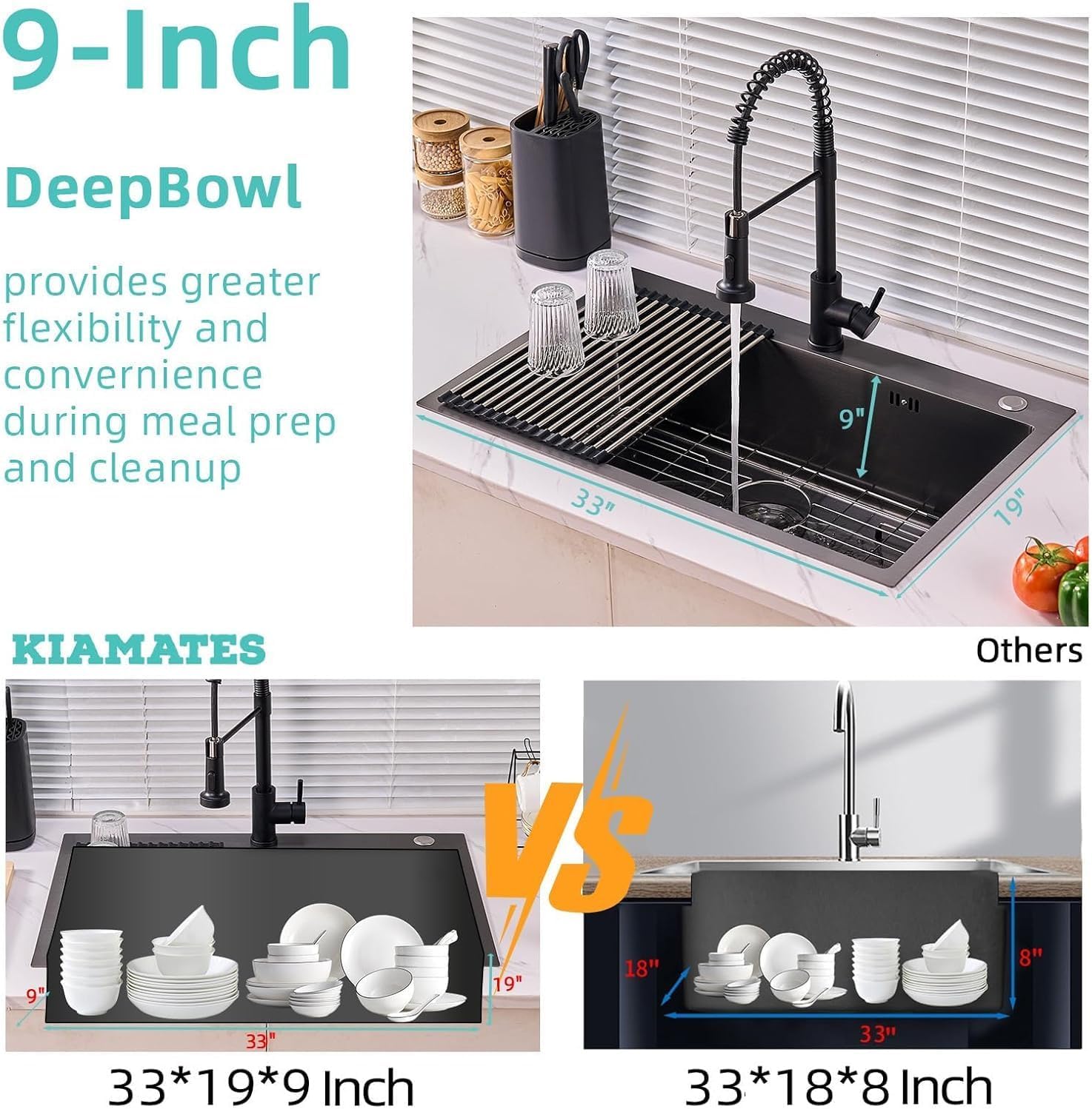 33x22 Drop In Kitchen Sink with Faucet, Black Stainless Steel Workstation Sink, Top Mount Single Bowl Kitchen Sink with Accessories, 9 Inch Deep