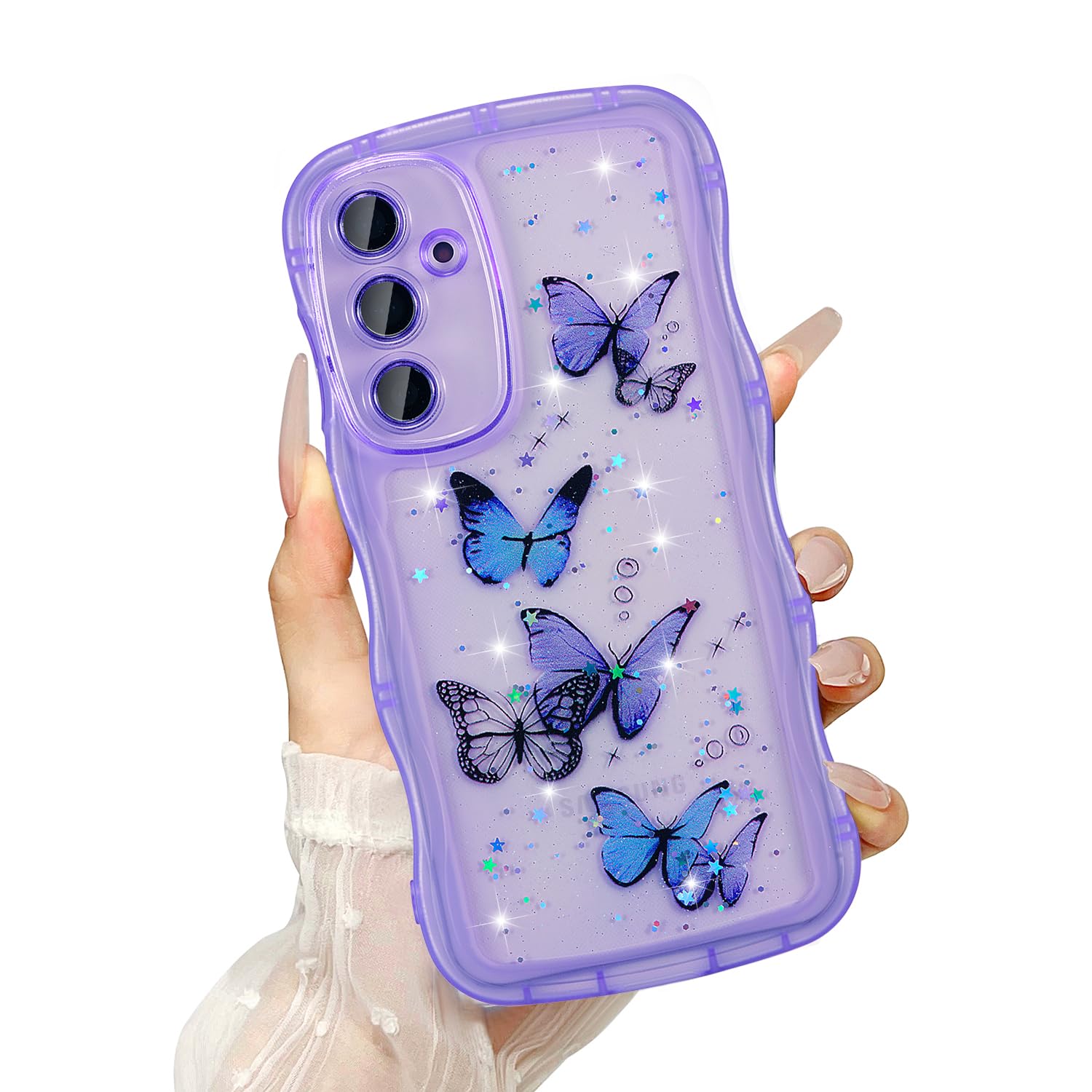 UEEBAI Wave Butterfly Case for Samsung Galaxy S25 Plus 5G Case, Pretty Bling Star Butterfly for Women Cute Shiny Glitter Phone Cover for Girls Bling