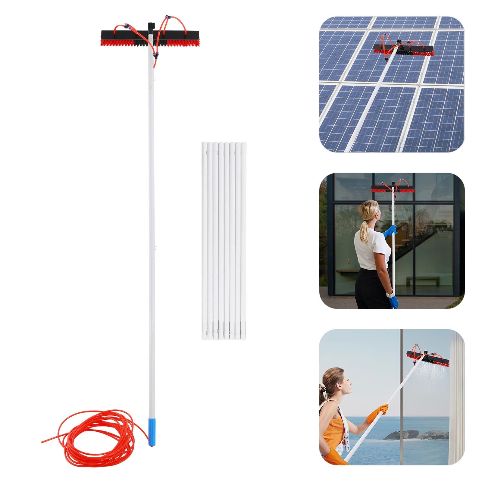 Juego de cepillos de limpieza para paneles solares, dispositivos de limpieza de ventanas, limpieza de ventanas, cepillo de suministro de agua, 10 barras de conexión de 1 m de largo + cabezal de