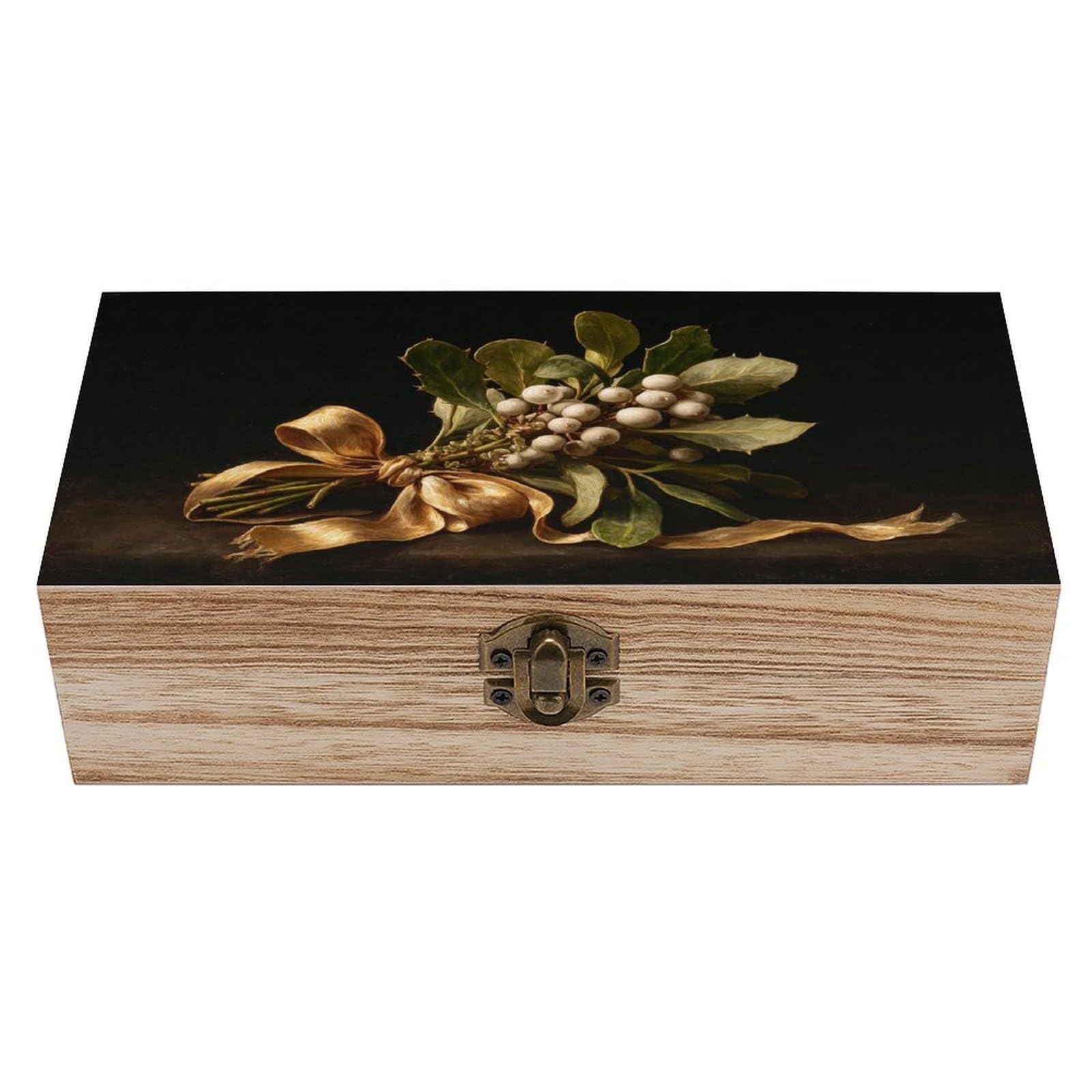 Mistletoe with White Berries And Leaves Wooden Storage Box with Hinged Lid