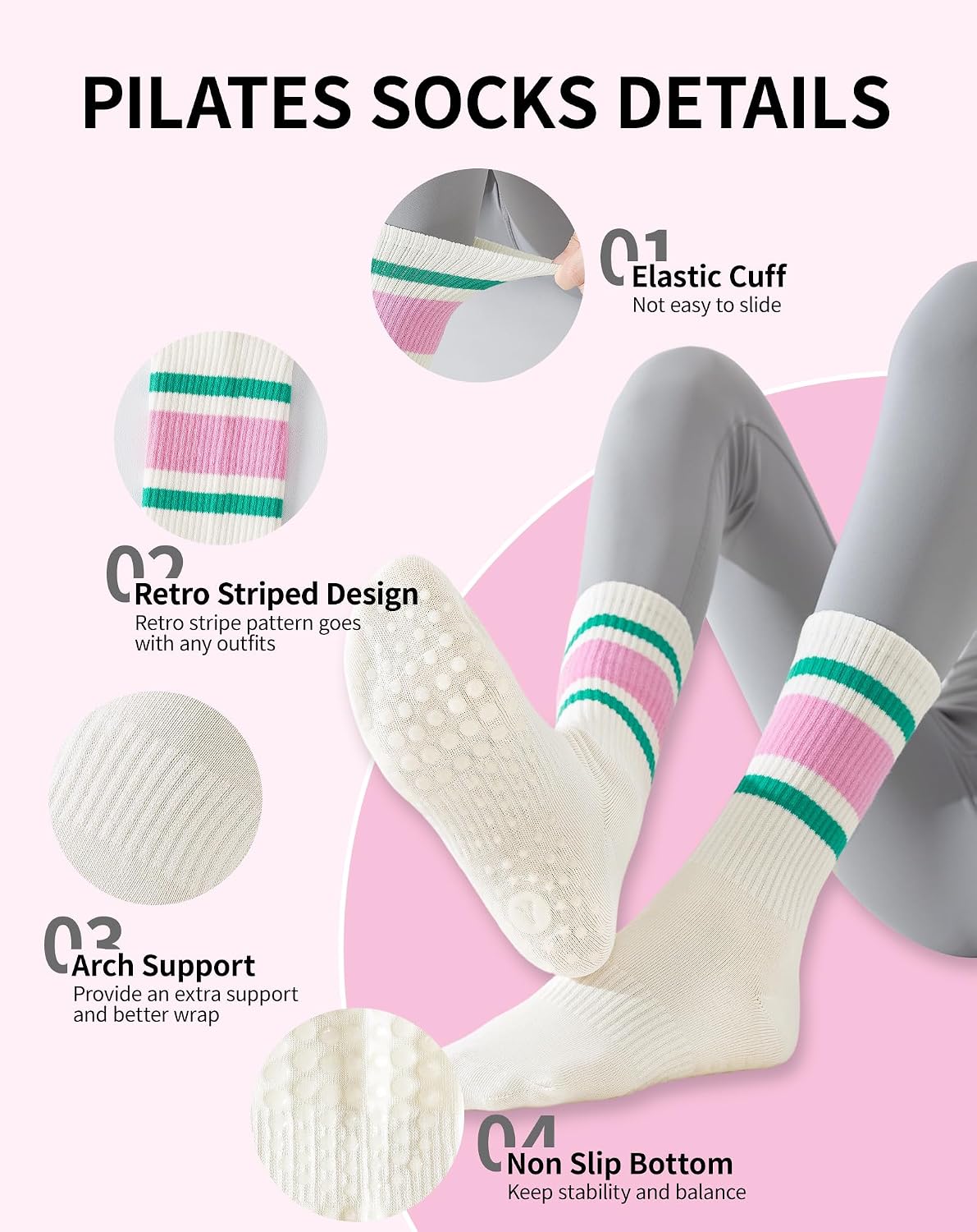 Yawlsow Pilates Grip Socks for Women Yoga Grippy Striped Retro Crew Socks Non Slip Sticky Barre Sock with Grippers 3/5 Pairs