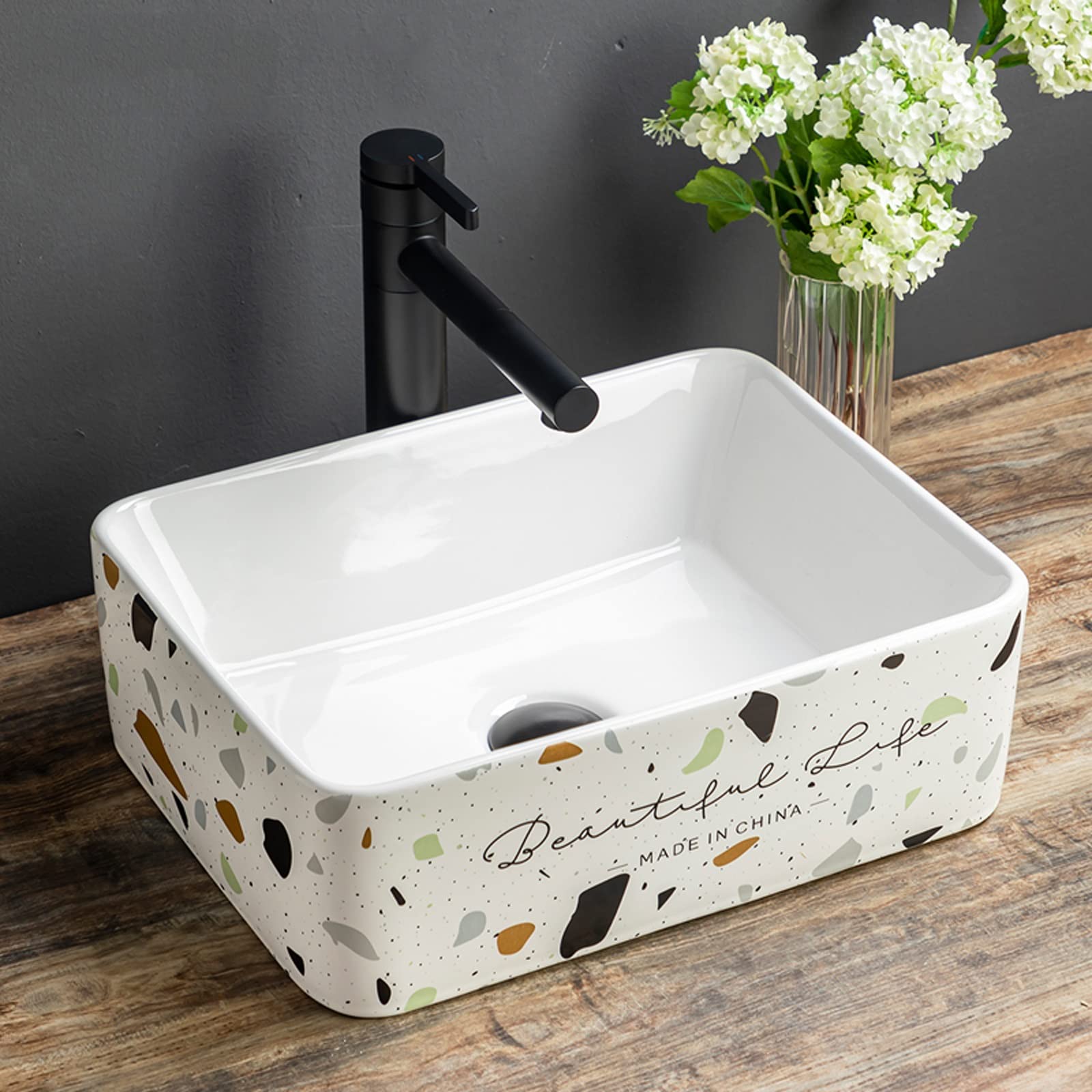 Runze765z One Color Sink Bowl Bathroom Vessel Sink Rectangle With Faucet, Modern Ceramic Above Counter Lavatory Vanity Porcelain Art Basin Art Basin(Small)