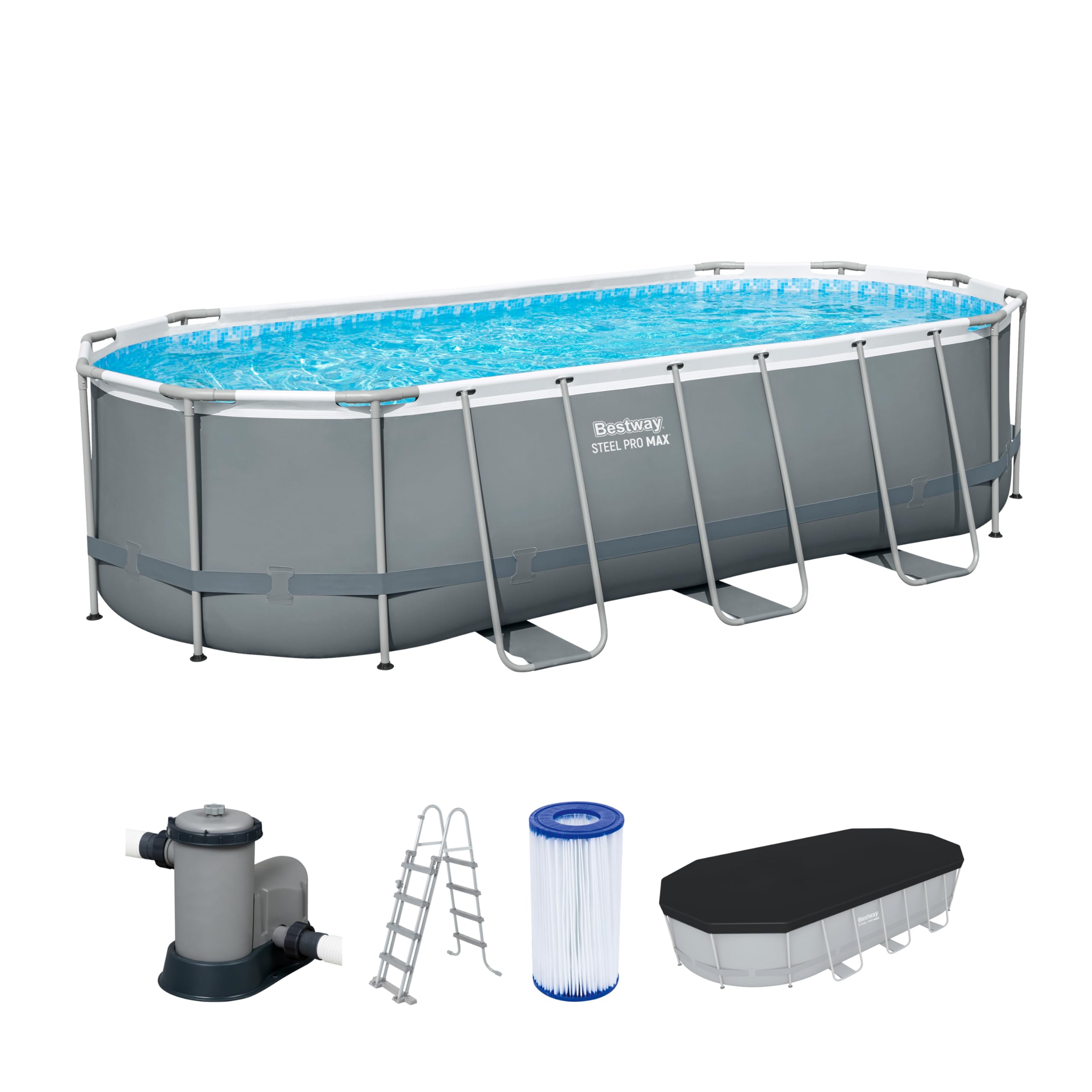 Bestway Steel Pro MAX Frame Pool Komplett-Set - robustes FilterSystem & Sicherheitsleiter - für Familien - im Garten - l