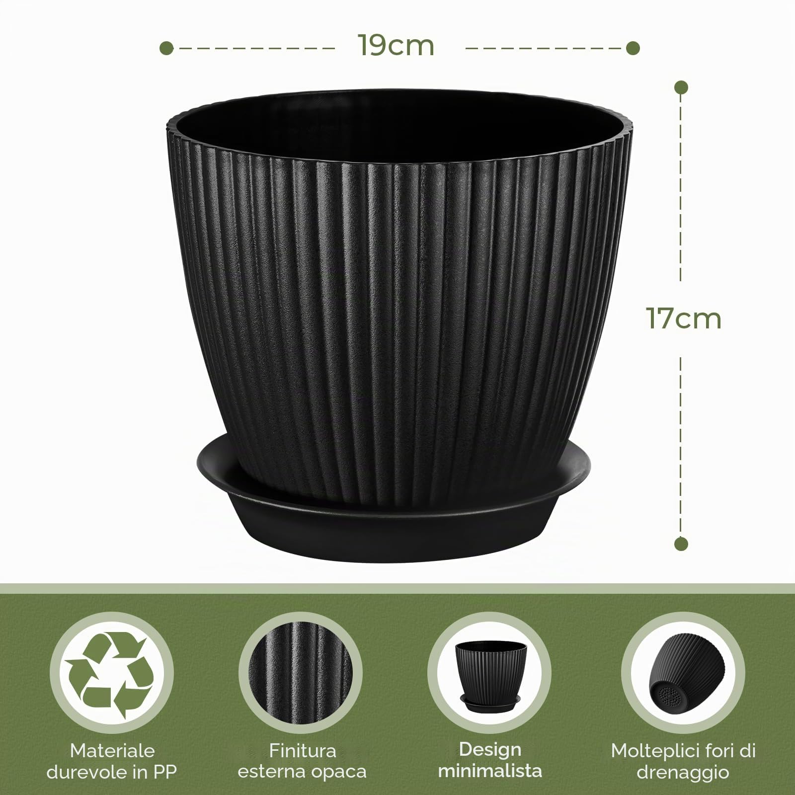 FORAGIFT Vasi per Piante da Interno di 19cm - Set di 6 con Fori di Drenaggio e Sottovaso, Plastica Rigata Decorativa Nero
