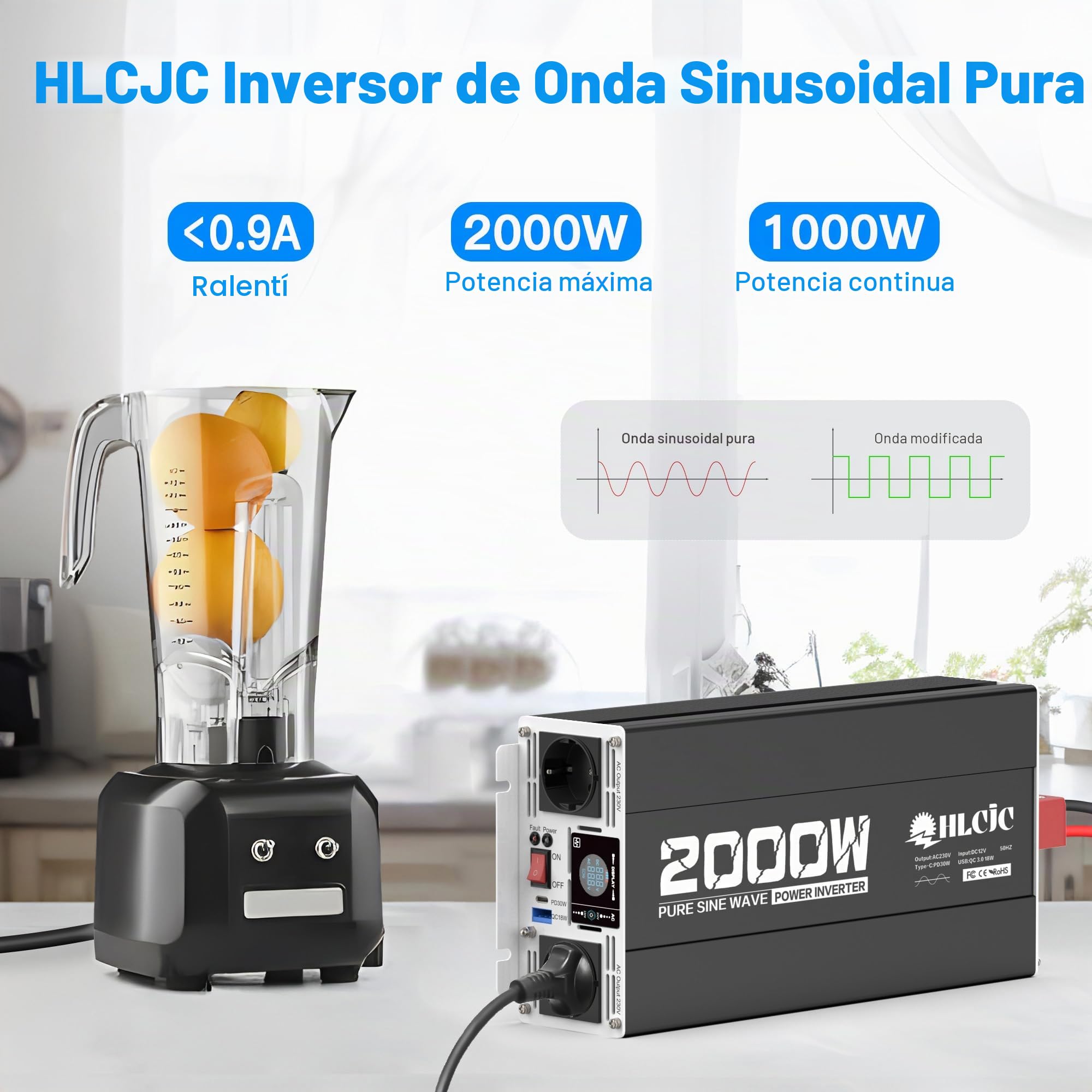 Convertidor de Energía 2000W/4000W Inversor de Onda Sinusoidal Pura de 12V a 230V, Pantalla LCD para Autocaravana Camión Vehículos