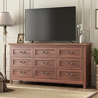 Loomie Upgraded 9 Drawer Dresser for Bedroom, 63" Wide Long Dresser TV Stand for TVs up to 75", Farmhouse Storage Wooden Dressers, Large Chest of Drawers with Vintage Pull for Closet, Walnut