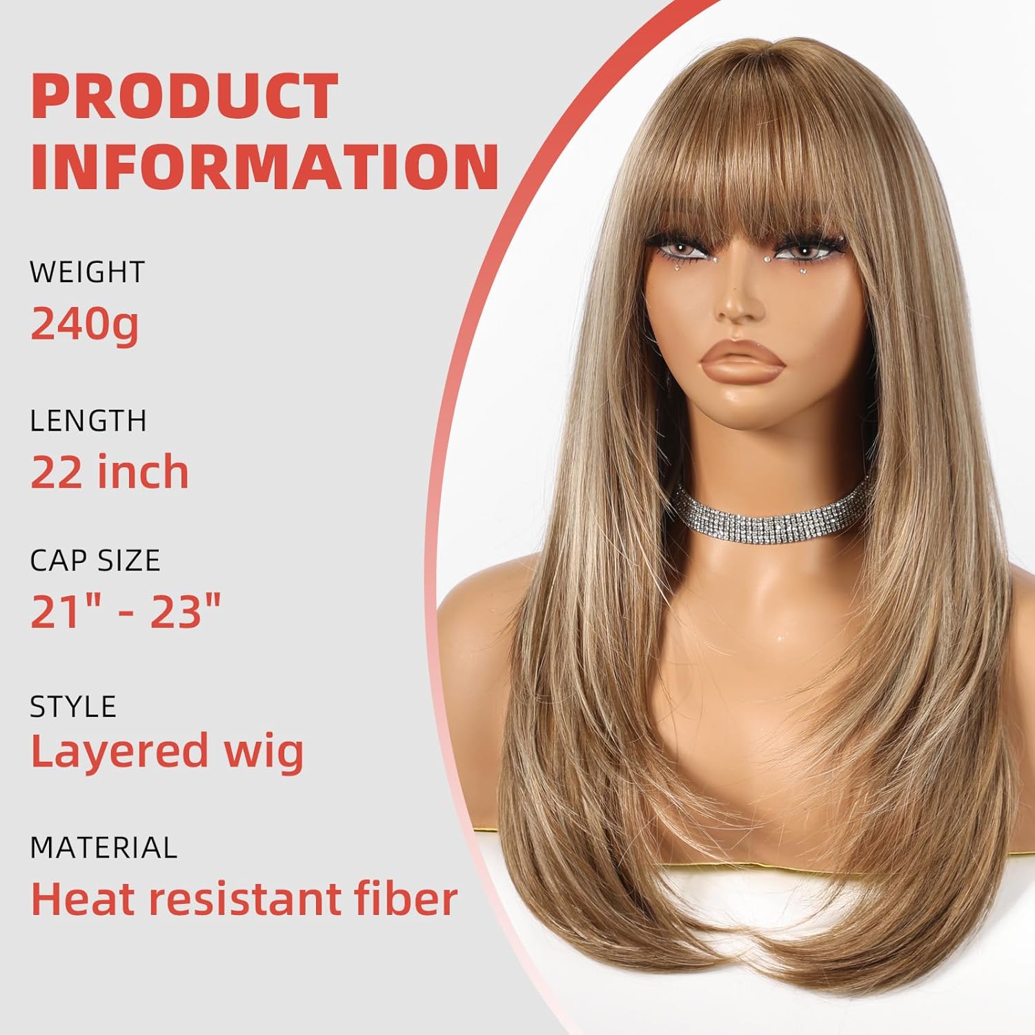 Allbell Highlight Light Brown Wigs for Women Long Straight layered Wig With Bangs 22 inch Natural Looking Wig Synthetic Heat Resistant Fiber for Daily Party Use