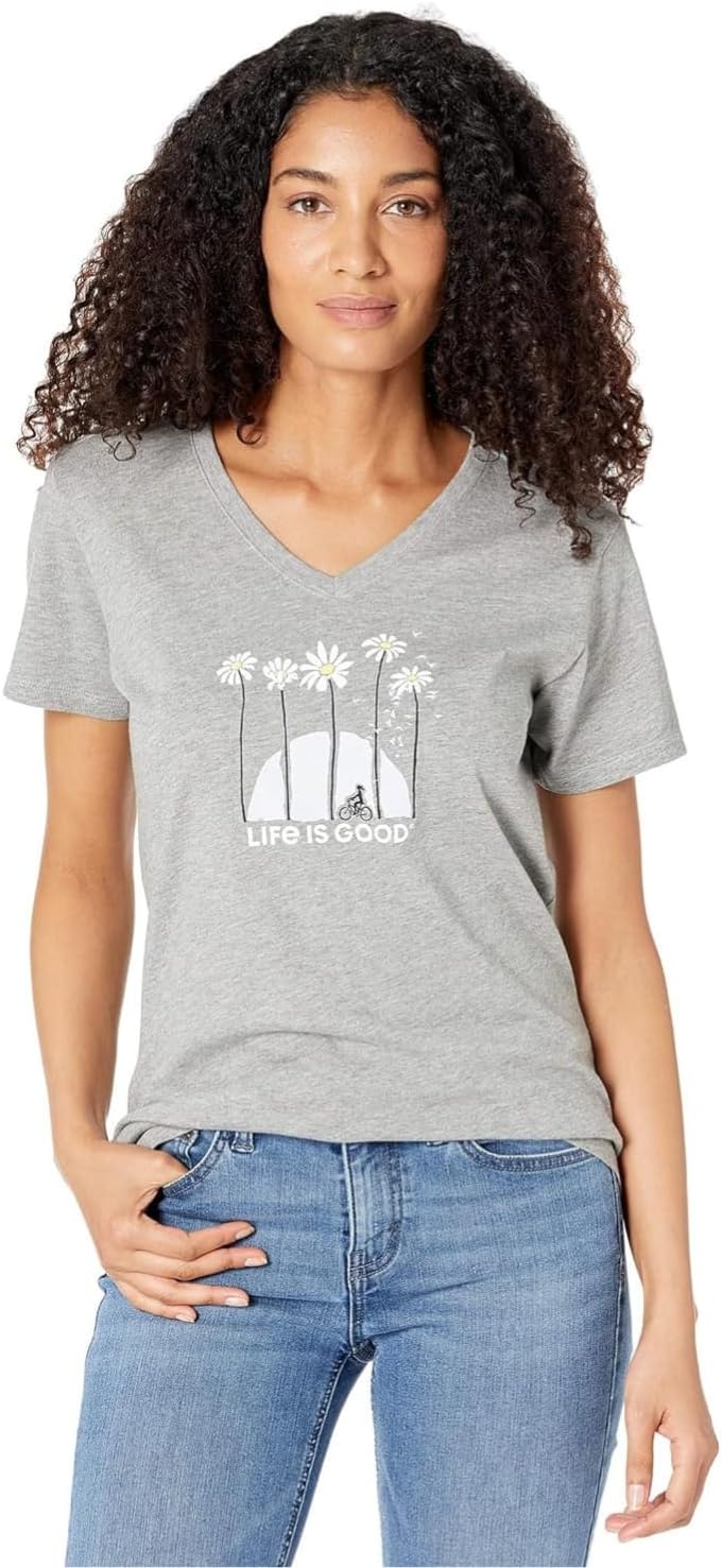Life is Good Women's Crusher Tee, Short Sleeve Cotton Graphic T-Shirts, Towering Daisies Bike, Heather Gray, X-Small