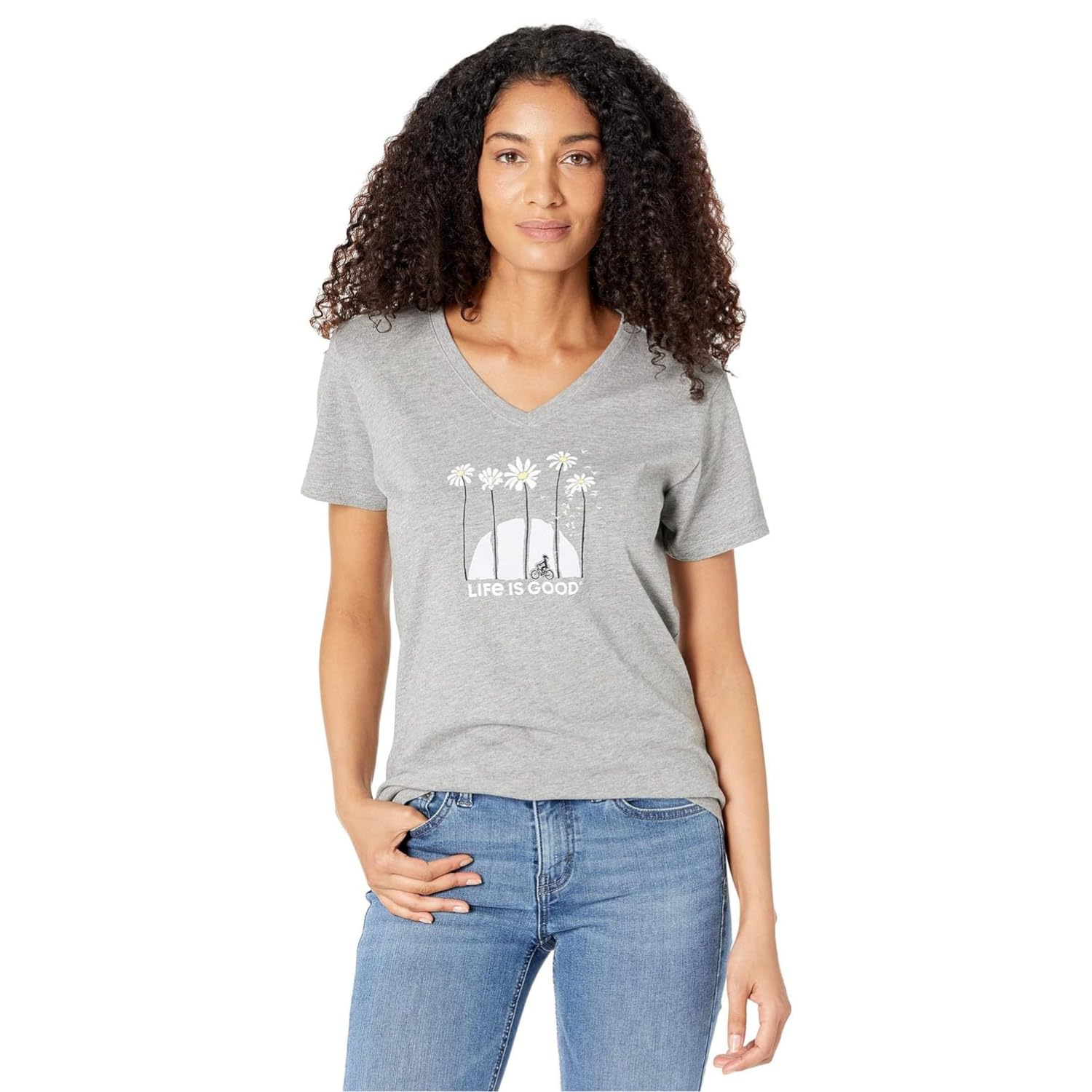 Life is Good Women's Graphic Bicycle Riding in Flowers Short Sleeve Crusher Vee T-Shirt, Towering Daisies Bike, Heather Gray, XX-Large
