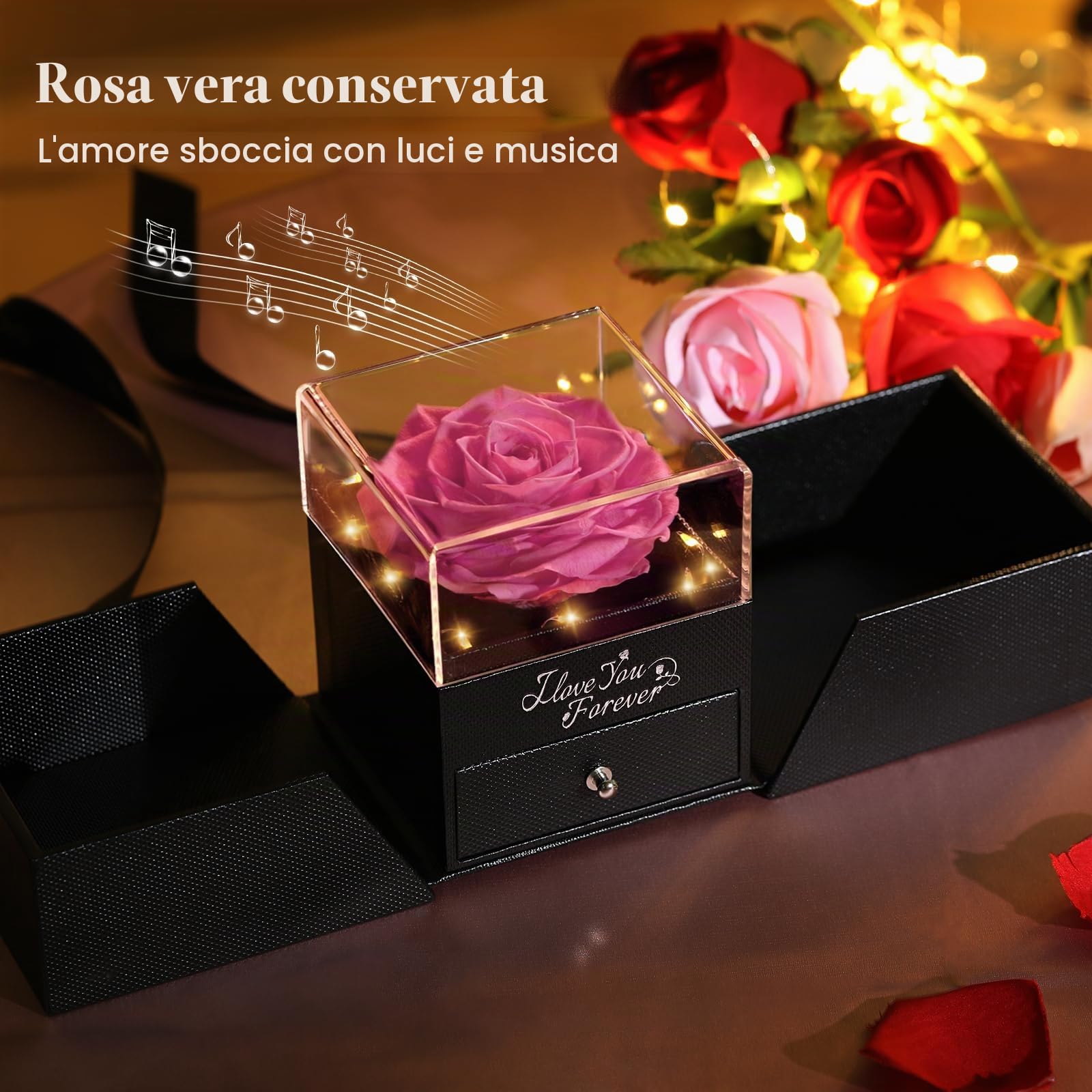 Emibele Vera Rosa Conservata con Collana a Cuore, Fiori Eterni, Rose Eterna, Vero Fiore di Rosa per San Valentino, Natale, Anniversario, Compleanno, Regali Romantici per Donne, Moglie, Fidanzata