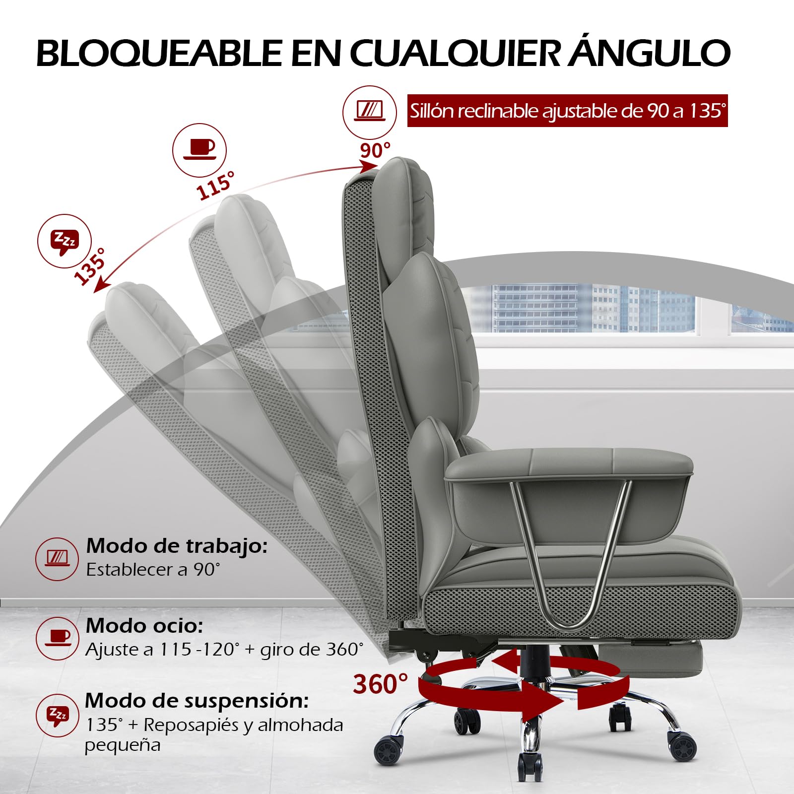 Racingreat Silla de Escritorio ergonómica con reposapiés Extensible,Silla de Oficina Ajustable en Altura,Respaldo Blando Grande,Apoyo Lumbar Individual,Silla de Oficina en Cuero de PU,Gris