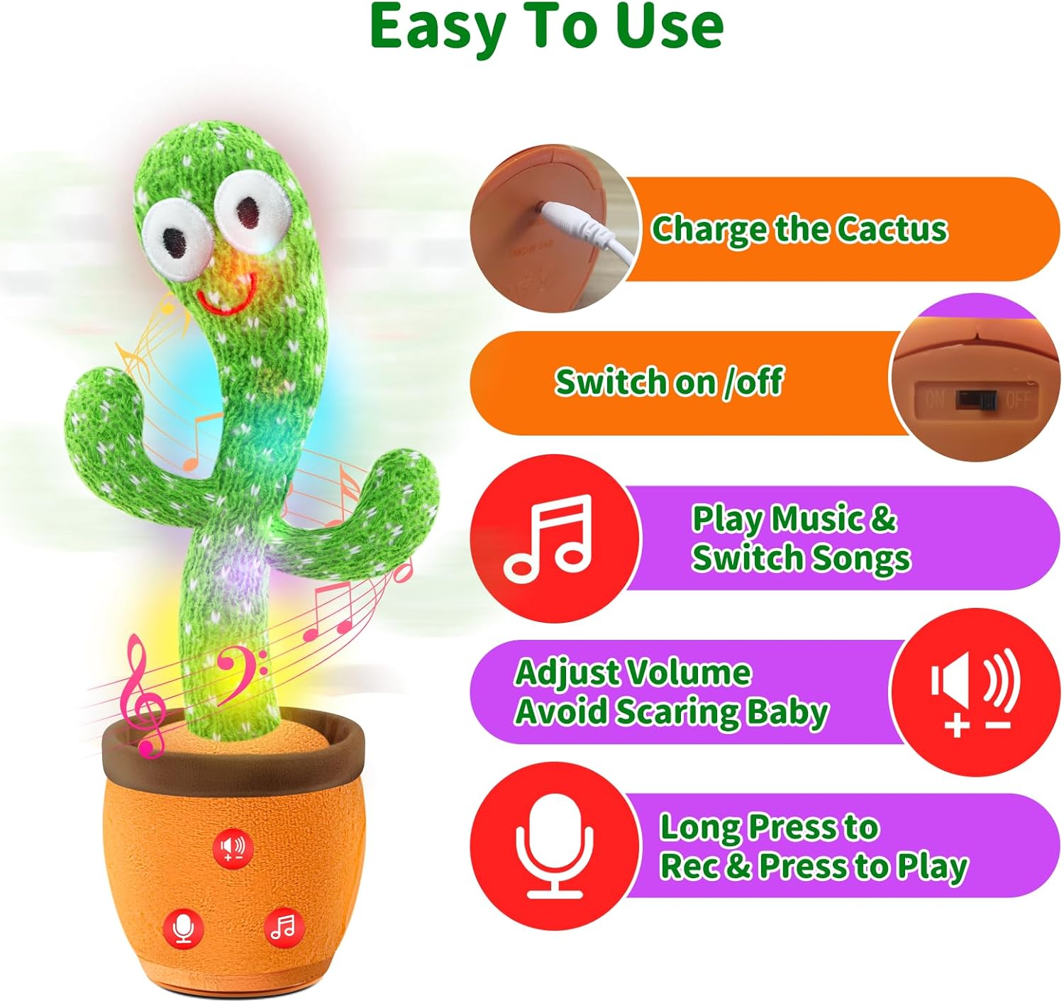 Rechargeable Dancing Talking Cactus Baby Toys for Toddlers Boys Girls, Singing Mimicking Recording Toy Repeats What You Say, Musical Interactive Kids Gift with English Songs