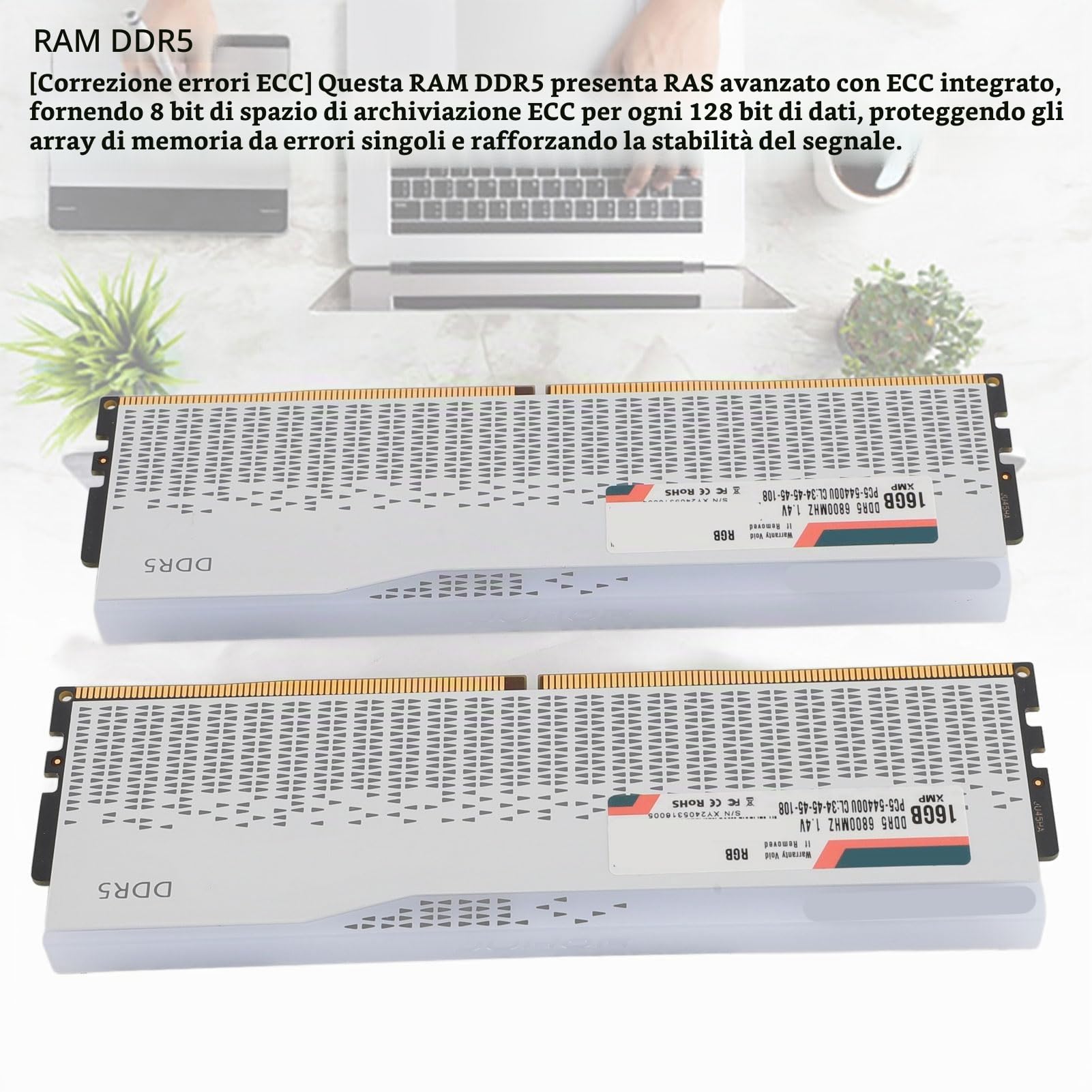 RAM DDR5, 32 GB 2x16 GB 6800 MHz PC5 54400U CL34 45 45 108 Kit di Memoria RGB, XMP3.0 EXPO Overclocking ECC Correzione Errori, per Computer Desktop