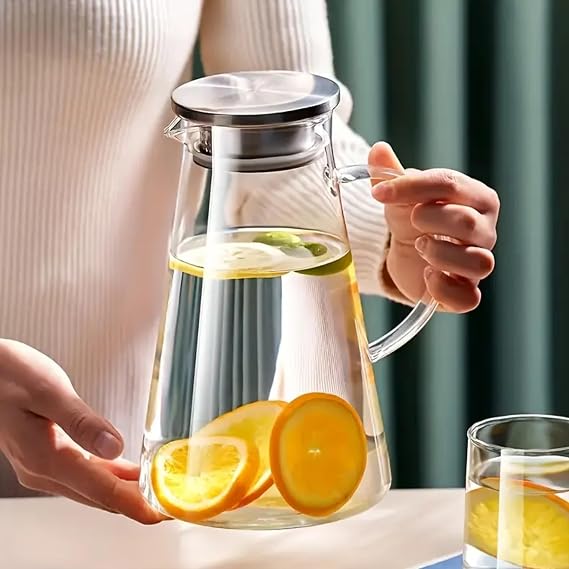 Borosilikat Cam Sürahi | Süzgeçli Paslanmaz Çelik Kapaklı, Isıya Dayanıklı Soğuk & Sıcak İçecek Servis Sürahisi (1800 ml) | Detoks İçecek Sürahisi Soğuk ve Sıcak İçecekler İçin