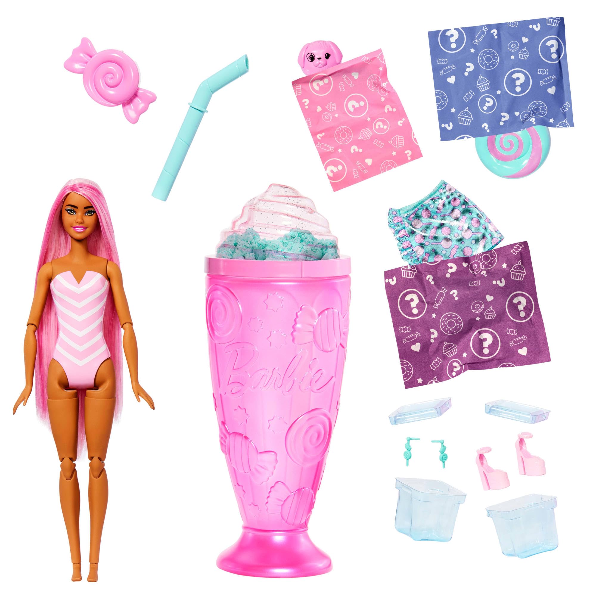 Barbie - Pop Reveal Serie Dolcetti, bambola a tema Sweet Swirl con cucciolo e 8 sorprese con effetto cambia colore inclusi, giocattolo per bambini, 3+ anni, JFY62