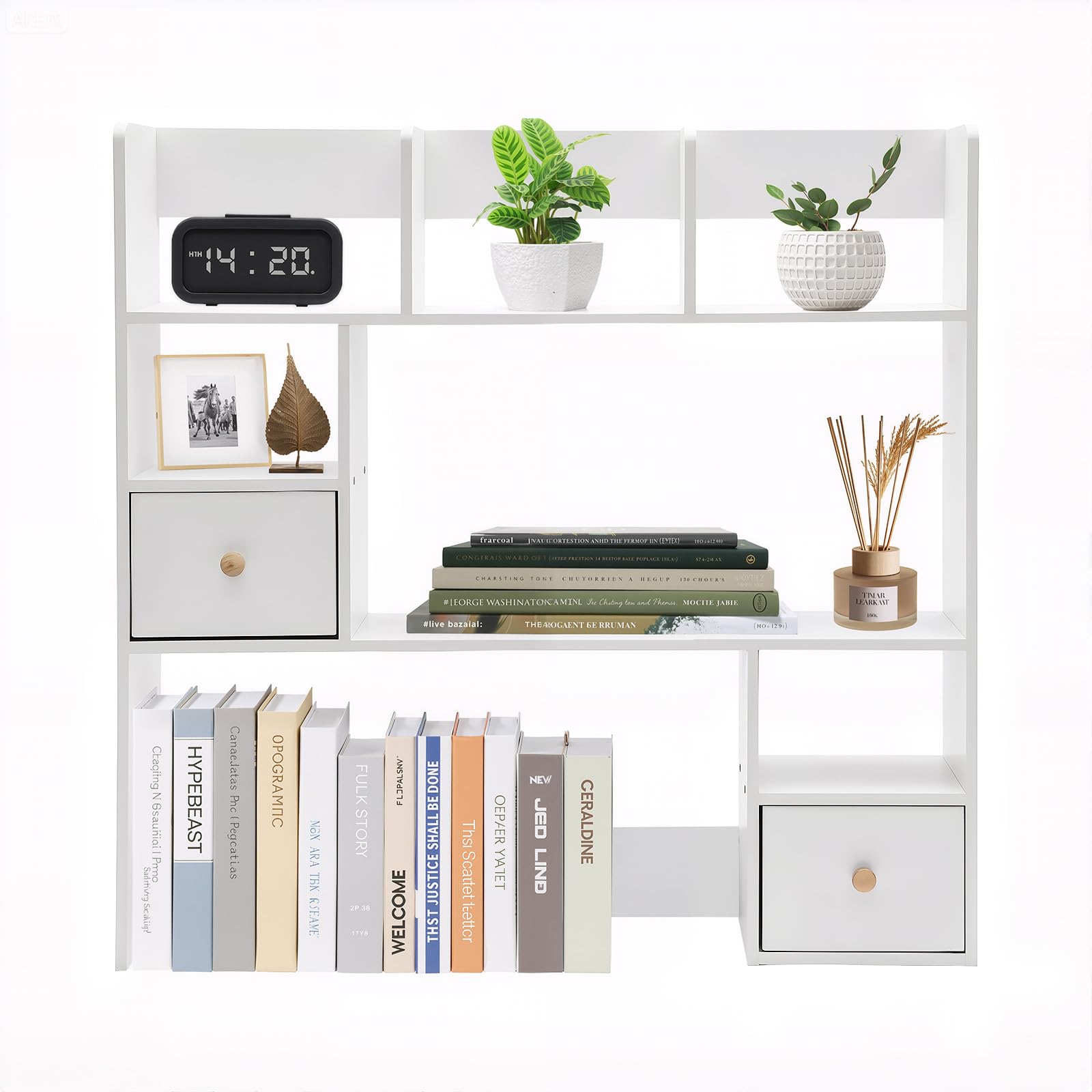 NiuLifeya Desktop Bookshelf, Desk Organiser with Cabinet, 9 Compartments