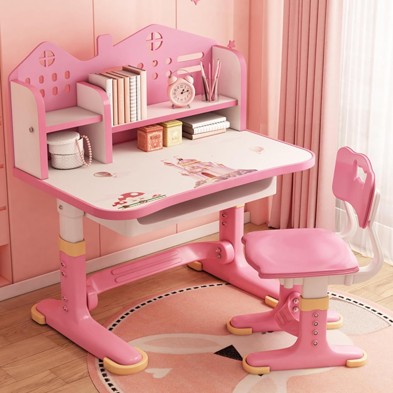 Kids Desk and Chair Set, Height Adjustable Childrens Desk and Chair Set, Ergonomic Desk Chair with Castle Backboard, Widened Desktop, Bookstand and Storage Drawer, Pink