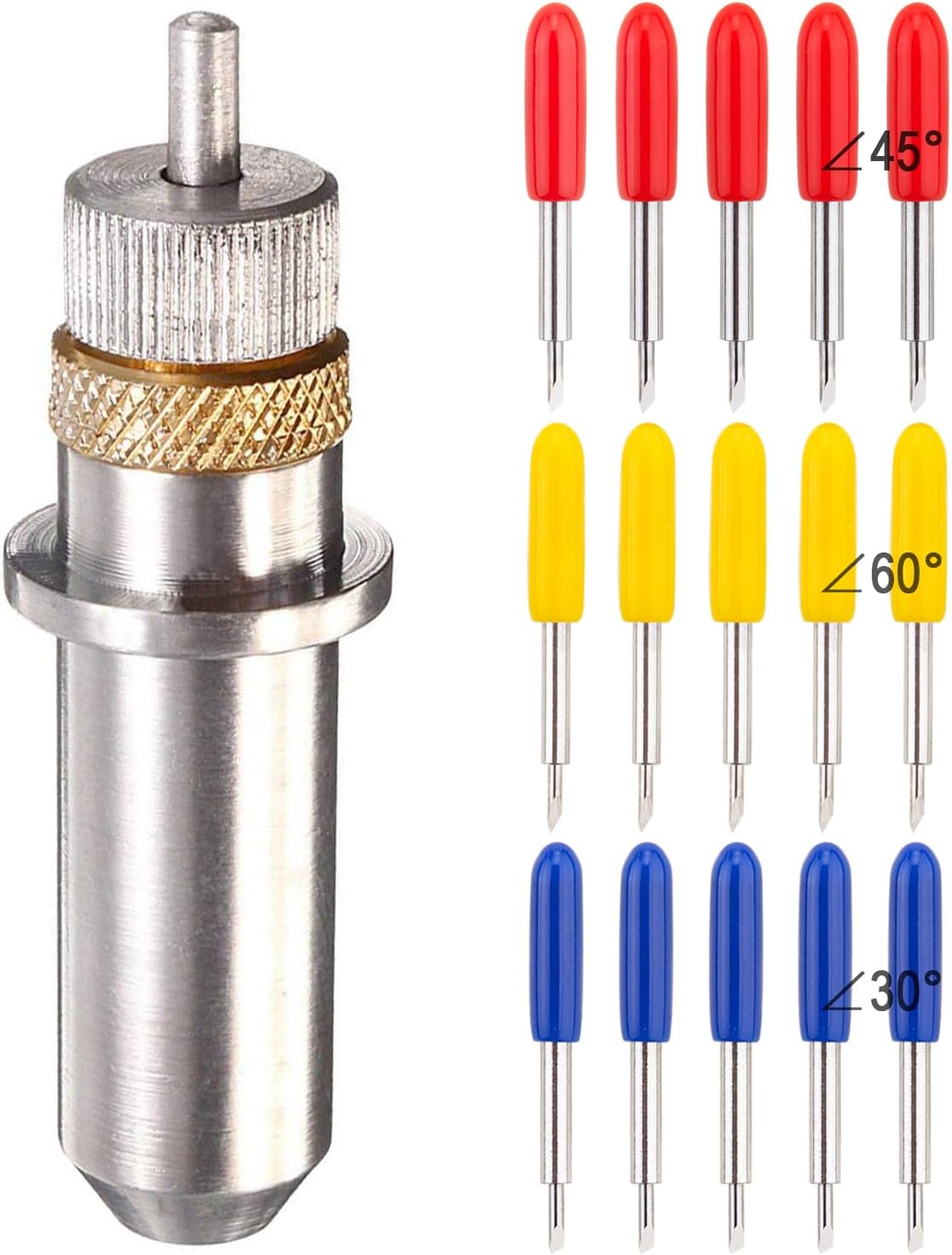 15pcs 30/45 / 60 Degree Vinyl Cutter Blades with Cut Blade Holder - All Purpose for GCC Vinyl Film Cutter Plotter Cutting Machines (ZEC-U1005, Dia. 2.0 mm, Offset Value 0.25mm)