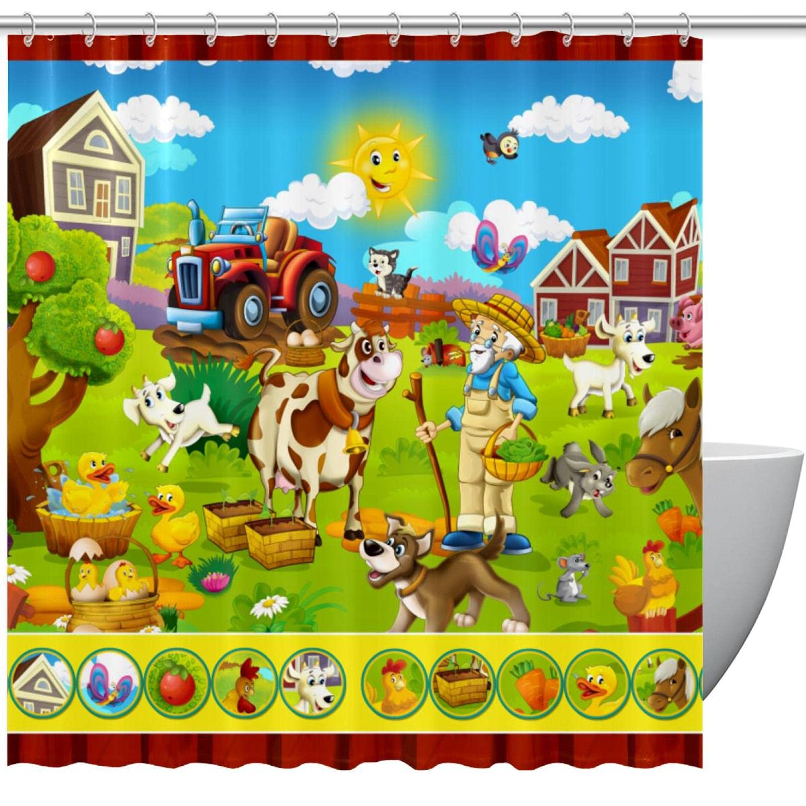 Rideau de douche aquarelle pour enfants motif ferme rideaux salle de bain 183x183