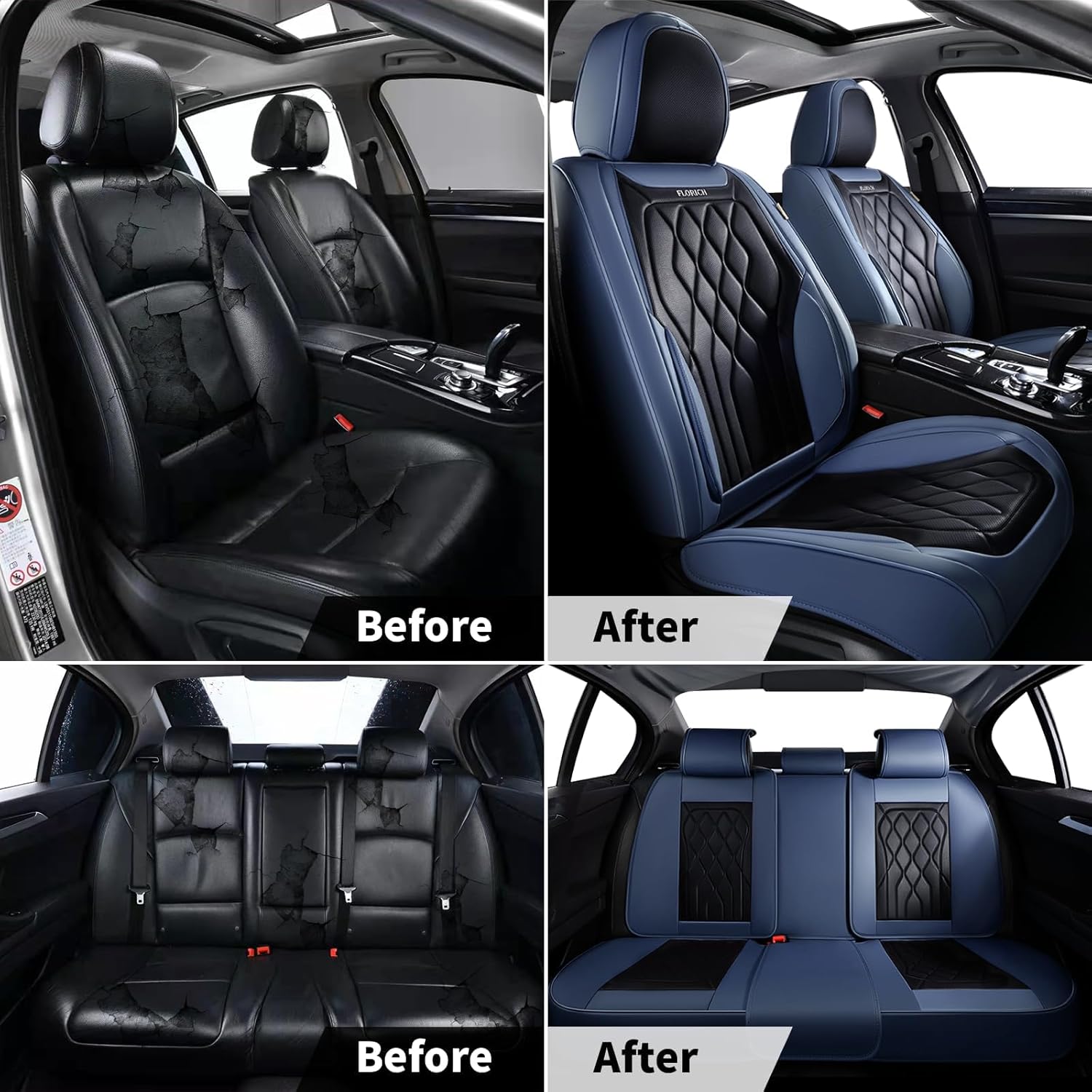 FLORICH Universal Seat Covers for Cars Full Set, Automotive Seat Covers, Waterproof Leather Car Seat Protector Fit for Most Sedans SUV Pick-up Truck- Blue&Black