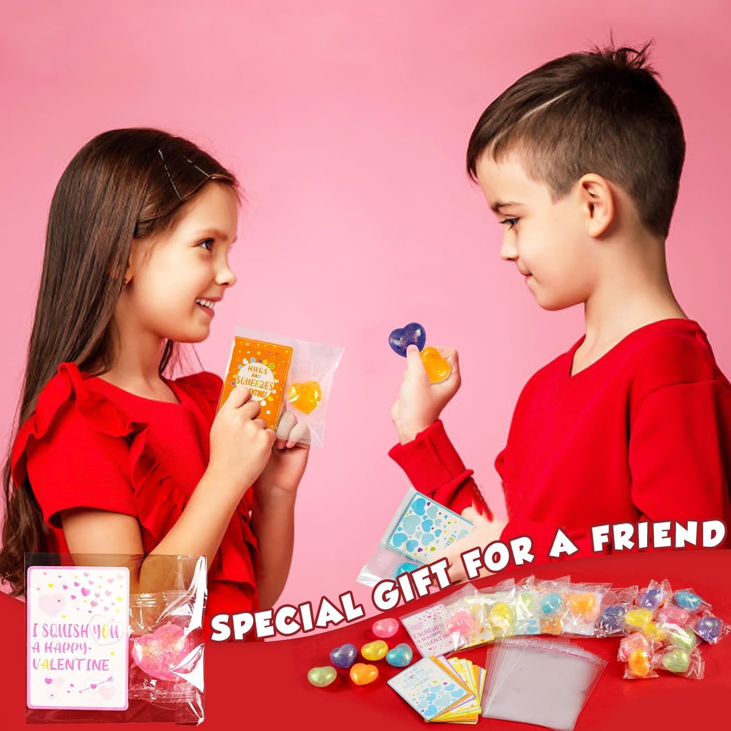 Valentines Stress Ball with Cards for Kids Classroom Favors - 24pcs Valentine's Heart Stress Ball Fidget Toys for Boys Girl Toddlers Valentines Day Party Favors Supplies