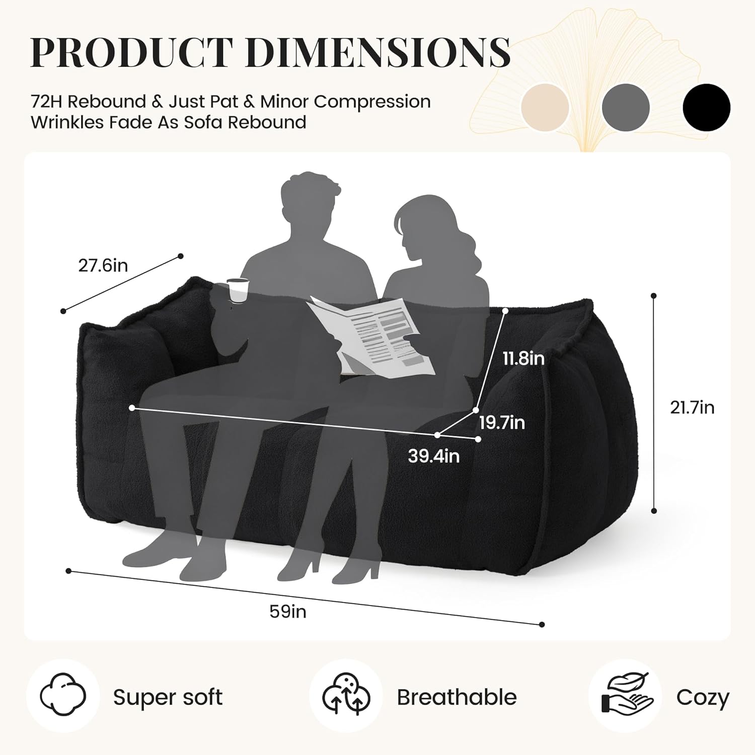 59" Bean Bag Chair, 2-Seat Loveseat Sofa Bed for Adults, Washable Cover,72H Rebound, Fluffy Comfort for Living Room,Bedroom,Black