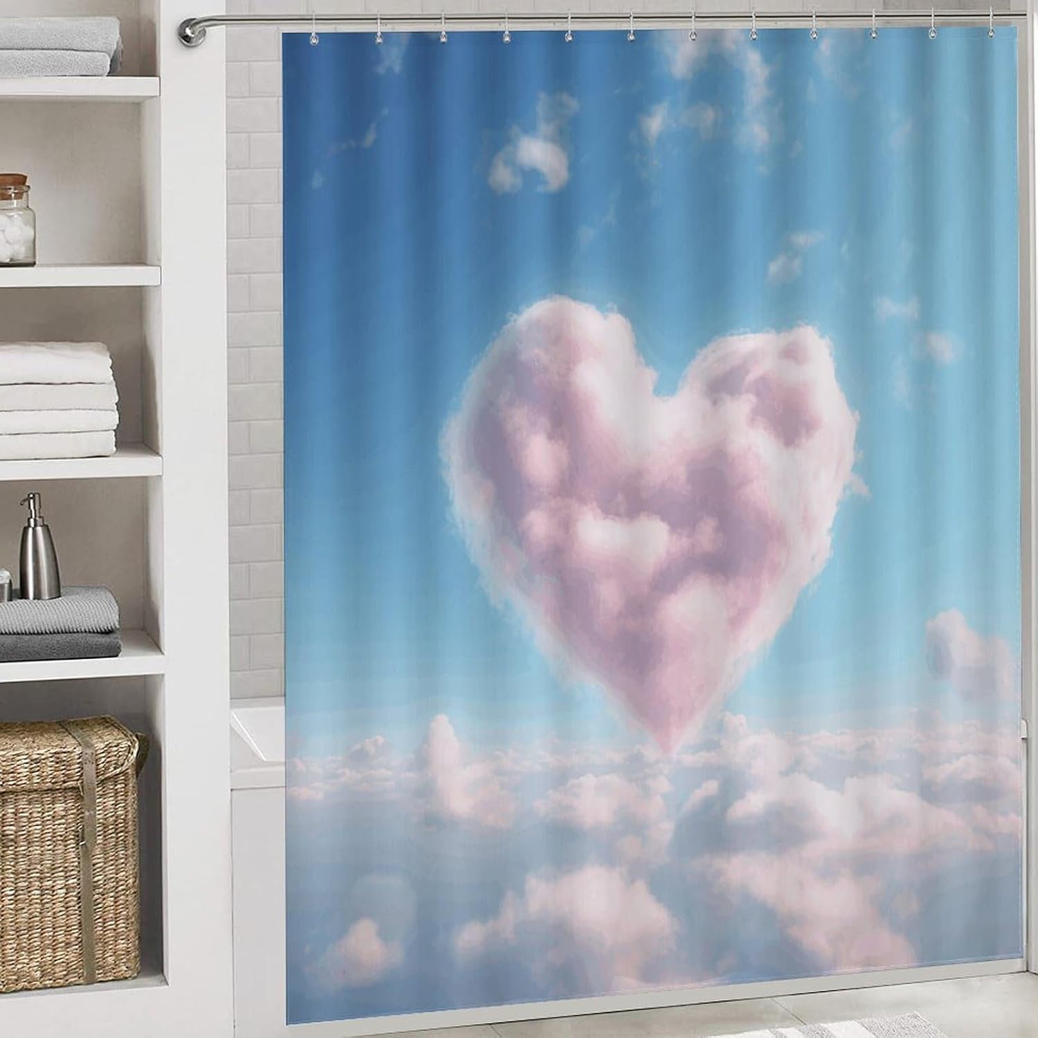 Heart Shaped Cloud Shower Curtains Set 4 Piece with Non-Slip Rugs, Toilet Lid Cover and Bath Mat Soft Bathroom Carpet Waterproof Bathroom Curtain with 12 Hooks for Bathroom Decor
