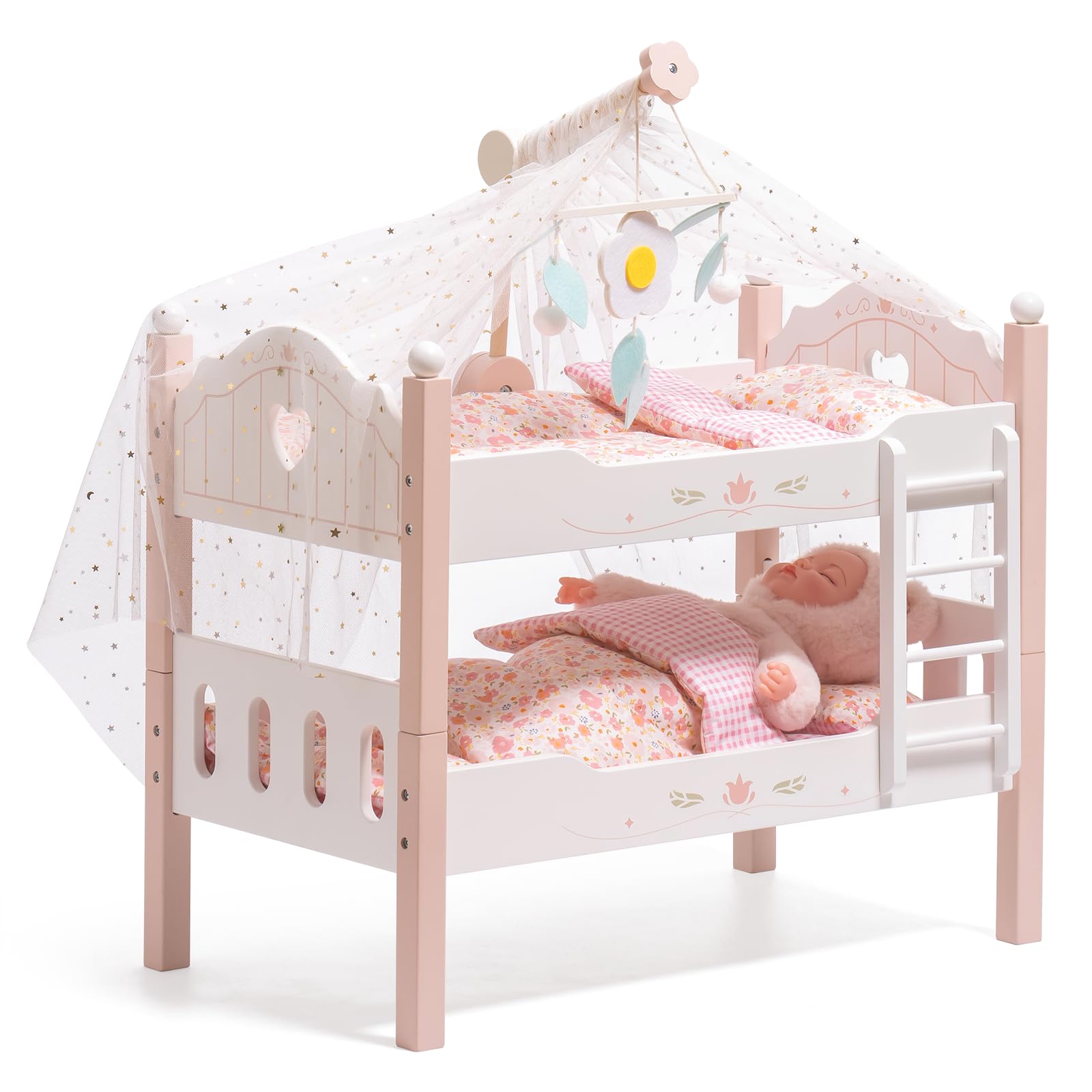 ROBOTIME letto a castello in legno, letto trasformabile con scaletta e biancheria, per letti per bambola impilabili da 18 pollici, accessori perfetti