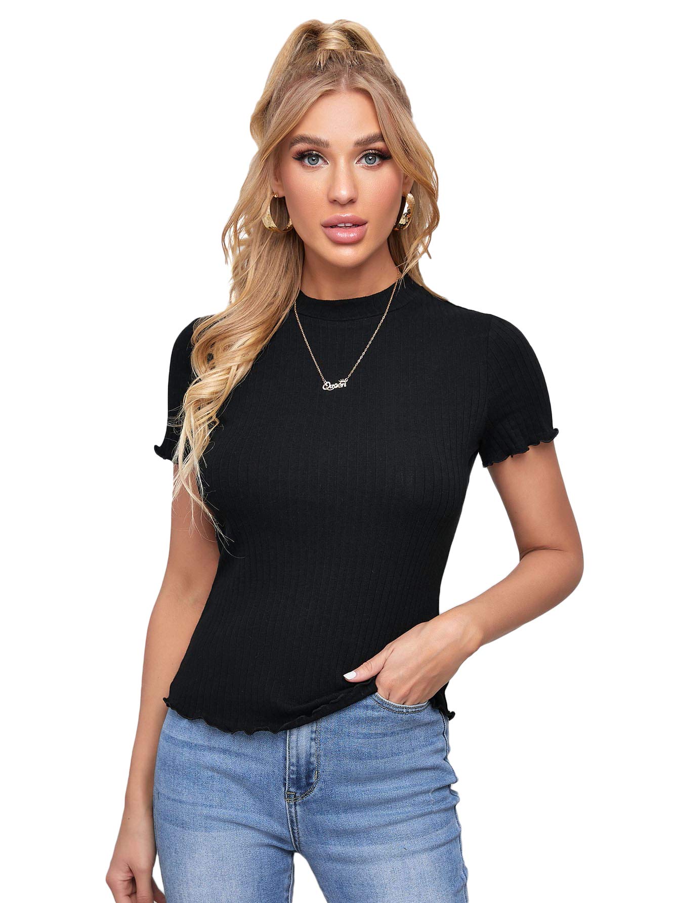 SheIn Women's Cute Mock Neck Short Sleeve T Shirts Lettuce Trim Juniors Tee Tops Black Crew Neck X-Small