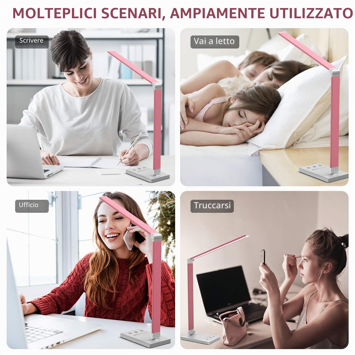 Chesbung Lampada da scrivania a LED, dimmerabile, 5 colori e 10 livelli di luminosità, funzionamento touch, pieghevole, con porta di ricarica USB e protezione per gli occhi Rosa